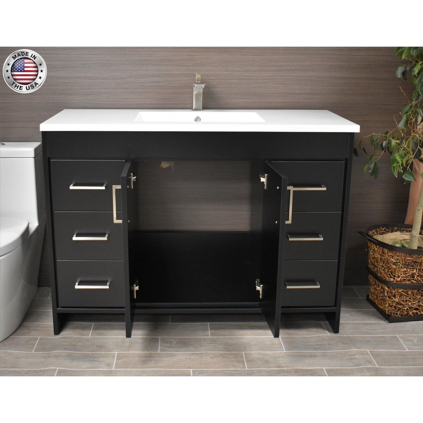 Volpa USA Rio 60" Black Freestanding Modern Bathroom Vanity With Integrated Acrylic Single Sink Top and Brushed Nickel Handles