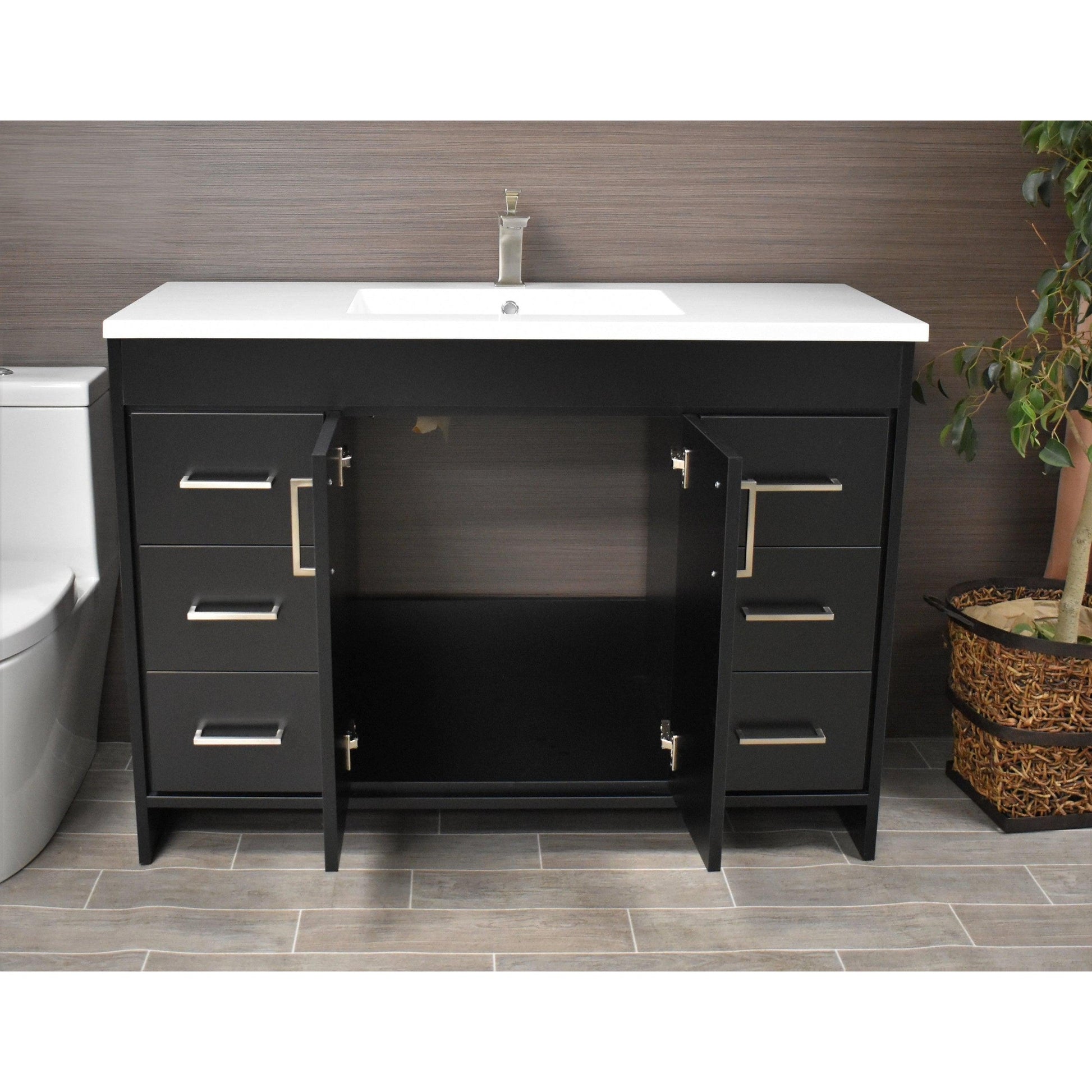 Volpa USA Rio 60" Black Freestanding Modern Bathroom Vanity With Integrated Acrylic Single Sink Top and Brushed Nickel Handles