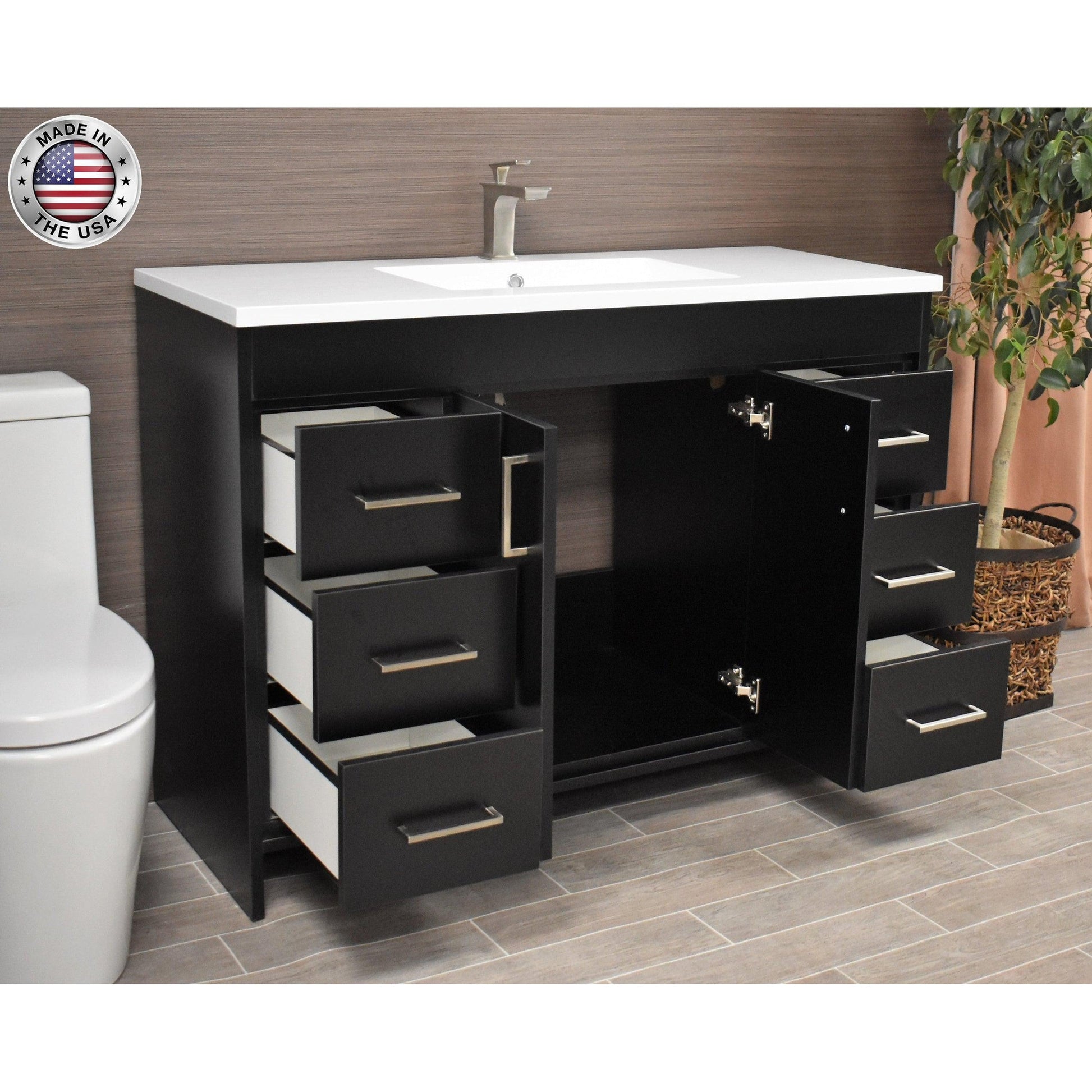 Volpa USA Rio 60" Black Freestanding Modern Bathroom Vanity With Integrated Acrylic Single Sink Top and Brushed Nickel Handles