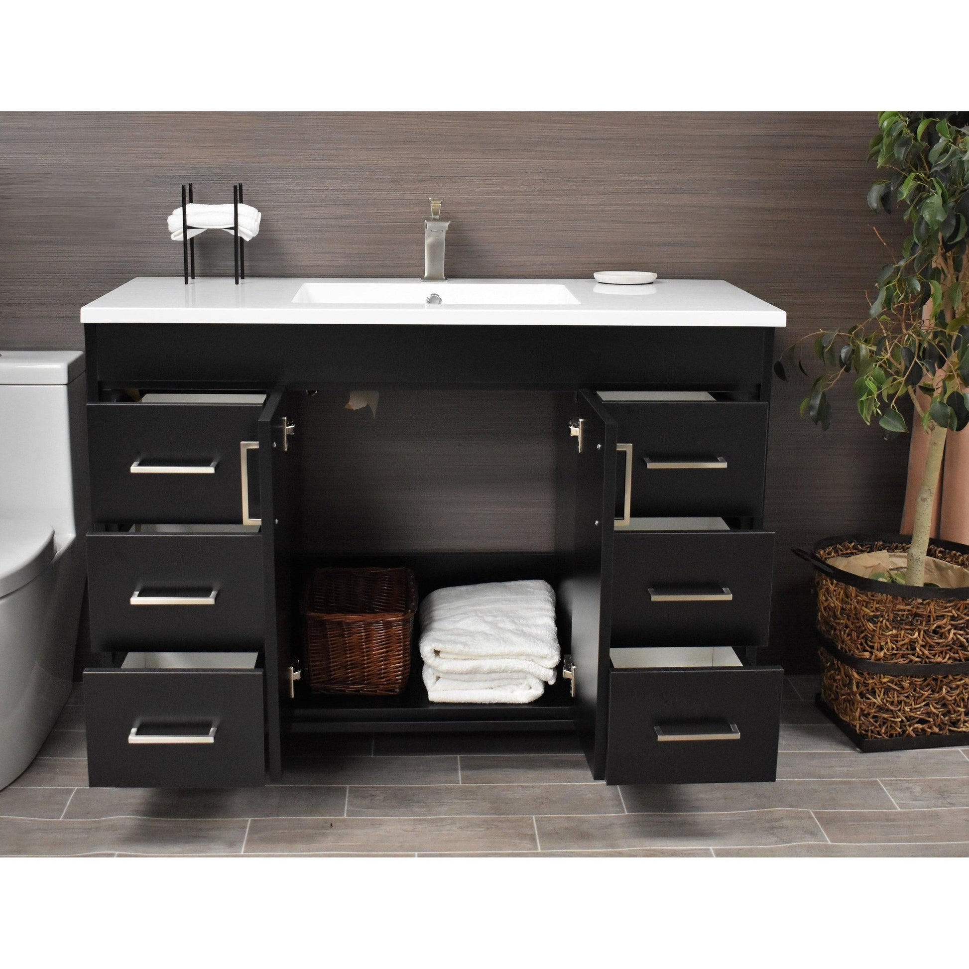 Volpa USA Rio 60" Black Freestanding Modern Bathroom Vanity With Integrated Acrylic Single Sink Top and Brushed Nickel Handles