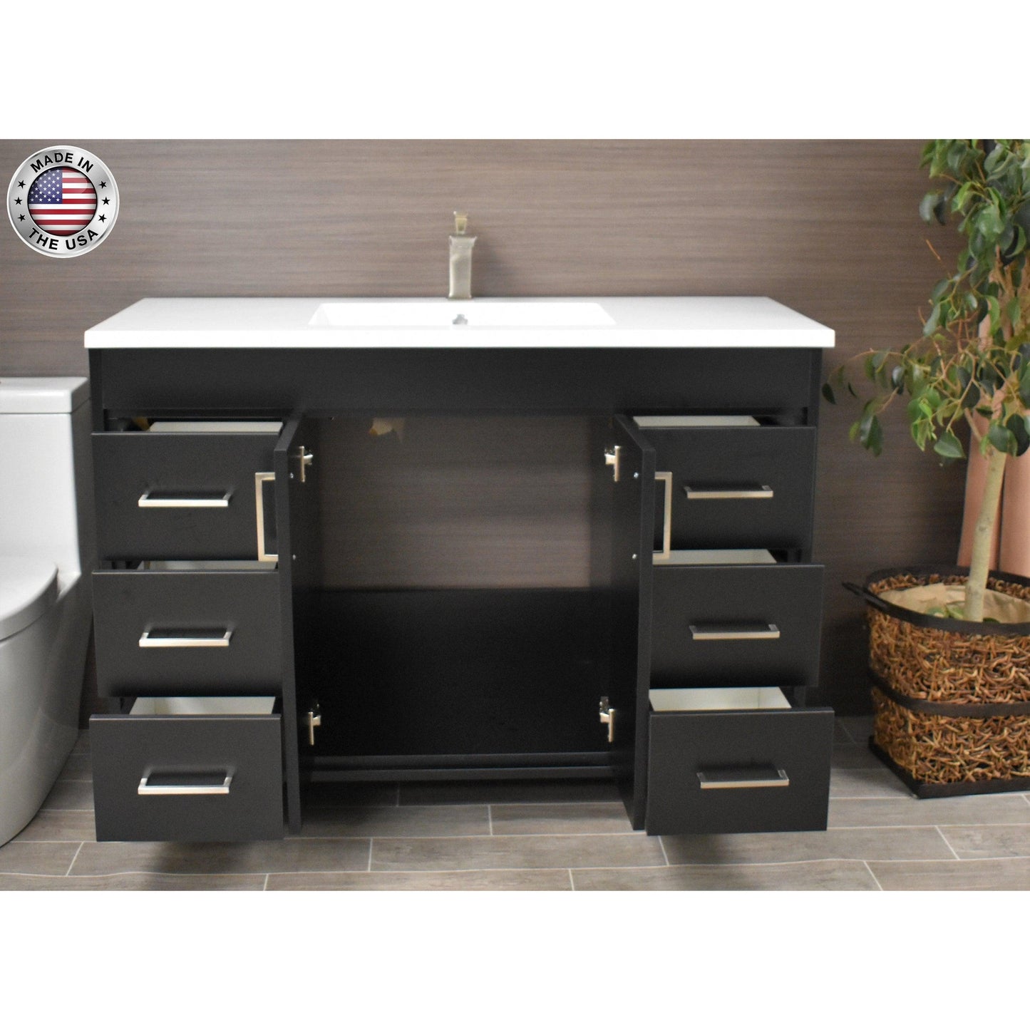 Volpa USA Rio 60" Black Freestanding Modern Bathroom Vanity With Integrated Acrylic Single Sink Top and Brushed Nickel Handles