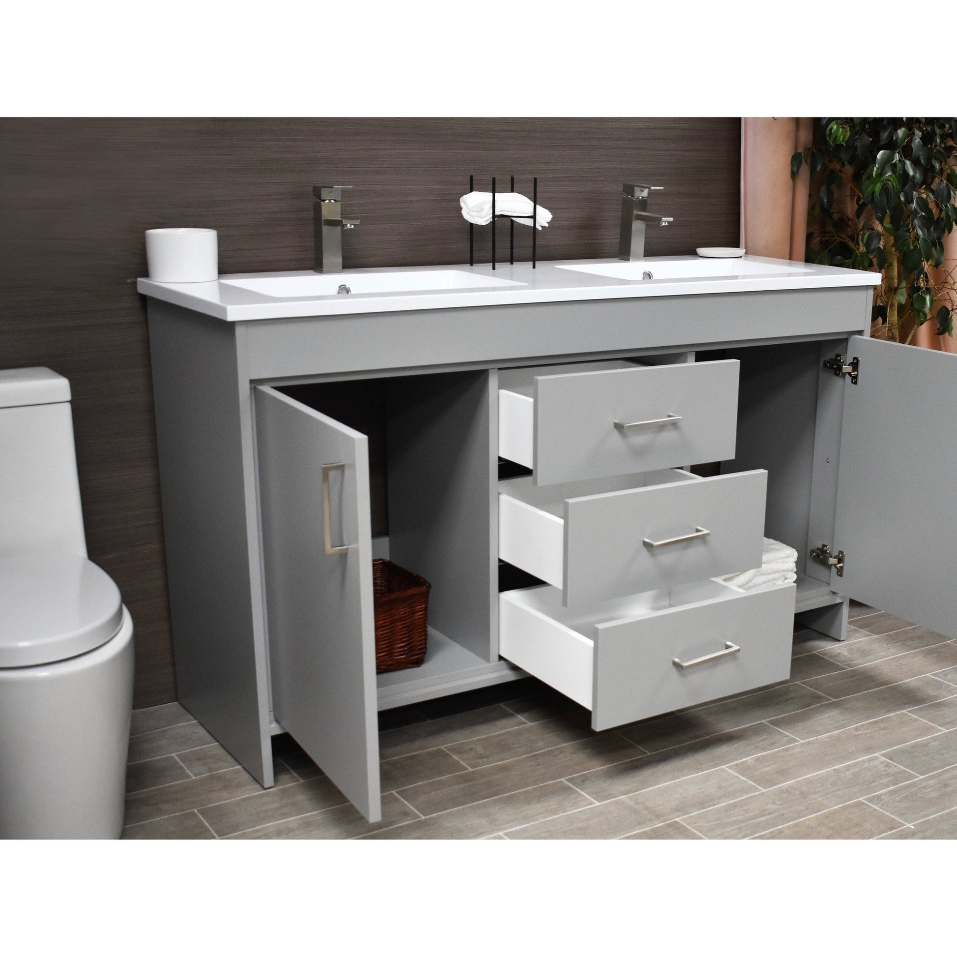 Volpa USA Rio 60" Gray Freestanding Modern Bathroom Vanity With Integrated Acrylic Double Sink Top and Brushed Nickel Handles