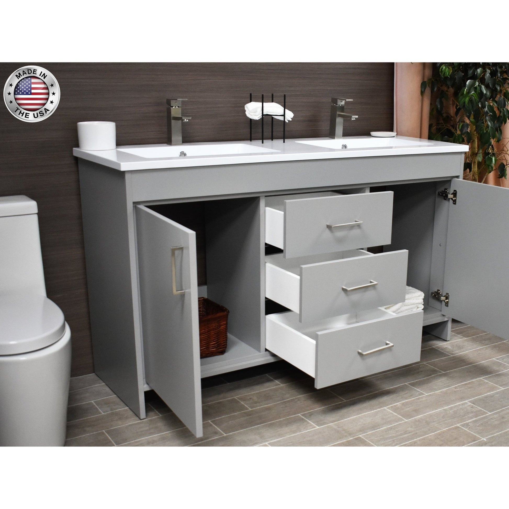 Volpa USA Rio 60" Gray Freestanding Modern Bathroom Vanity With Integrated Acrylic Double Sink Top and Brushed Nickel Handles