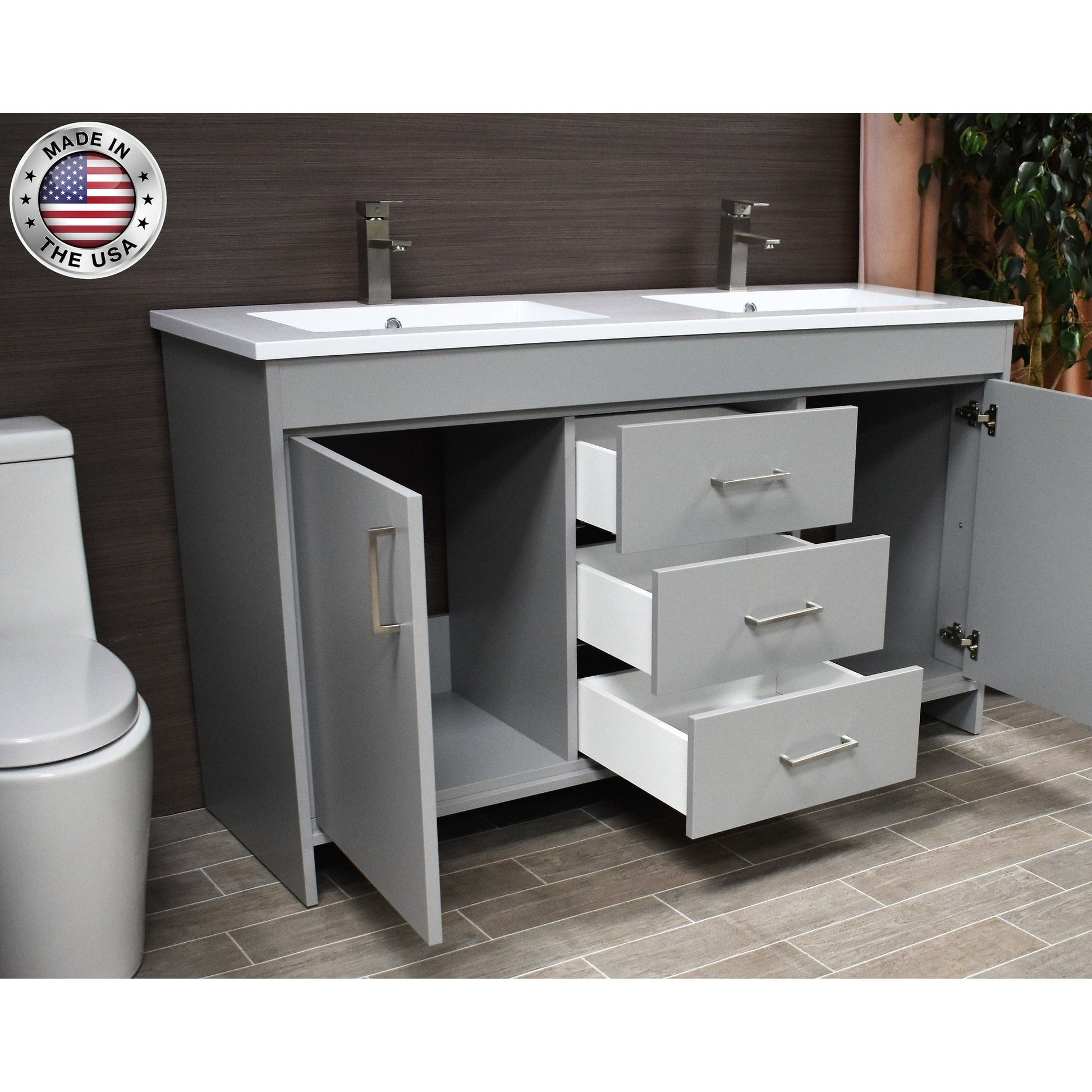 Volpa USA Rio 60" Gray Freestanding Modern Bathroom Vanity With Integrated Acrylic Double Sink Top and Brushed Nickel Handles