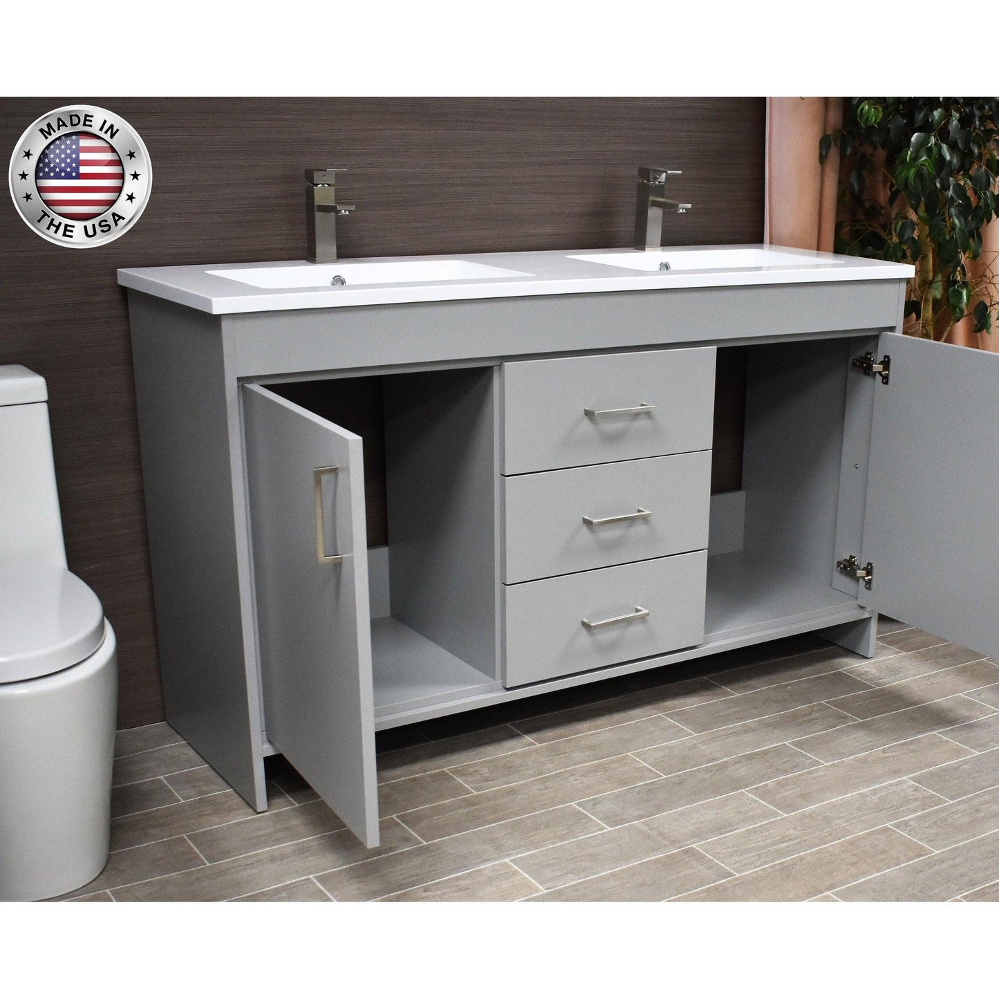 Volpa USA Rio 60" Gray Freestanding Modern Bathroom Vanity With Integrated Acrylic Double Sink Top and Brushed Nickel Handles