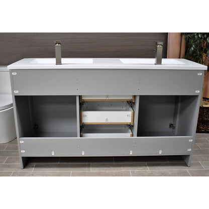 Volpa USA Rio 60" Gray Freestanding Modern Bathroom Vanity With Integrated Acrylic Double Sink Top and Brushed Nickel Handles