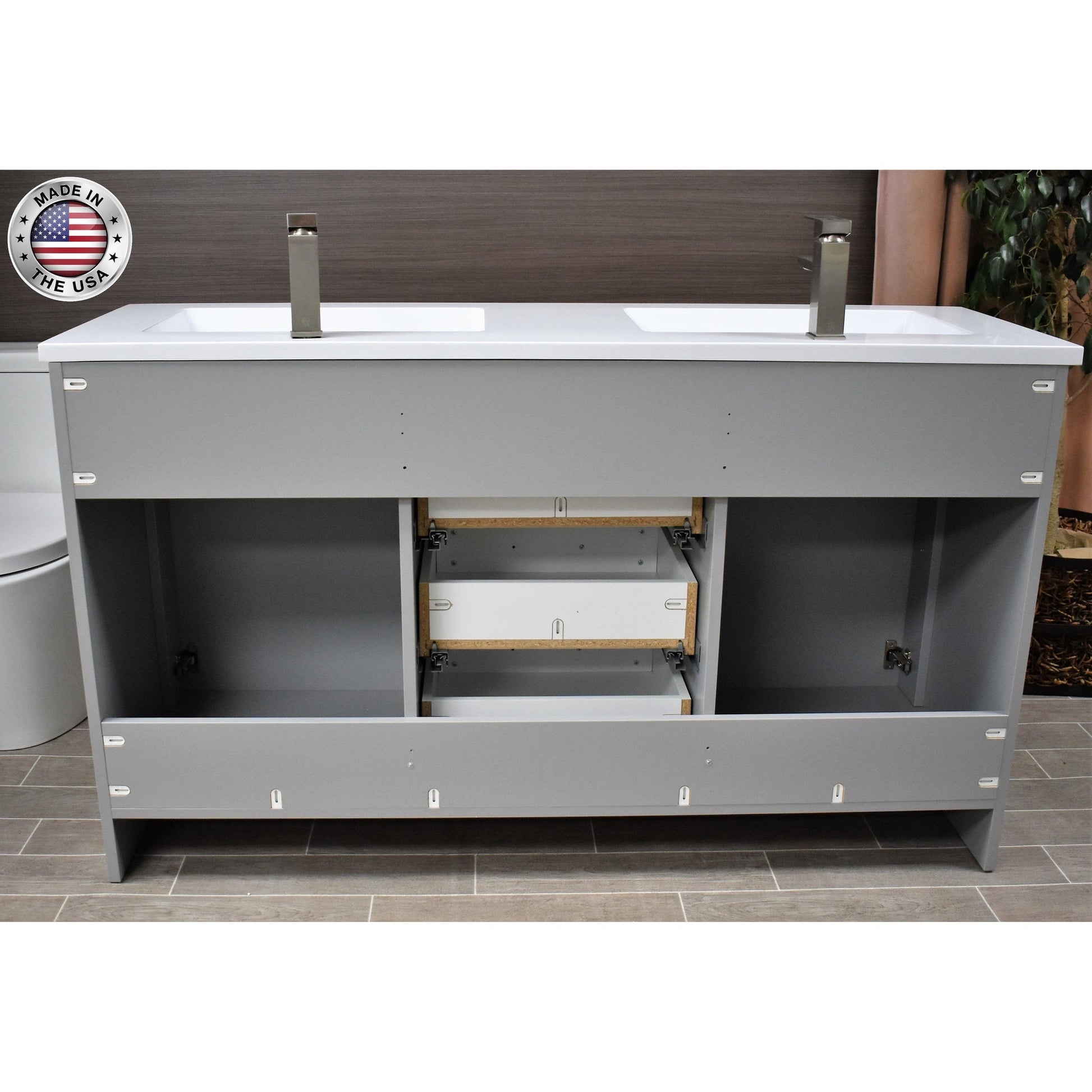 Volpa USA Rio 60" Gray Freestanding Modern Bathroom Vanity With Integrated Acrylic Double Sink Top and Brushed Nickel Handles