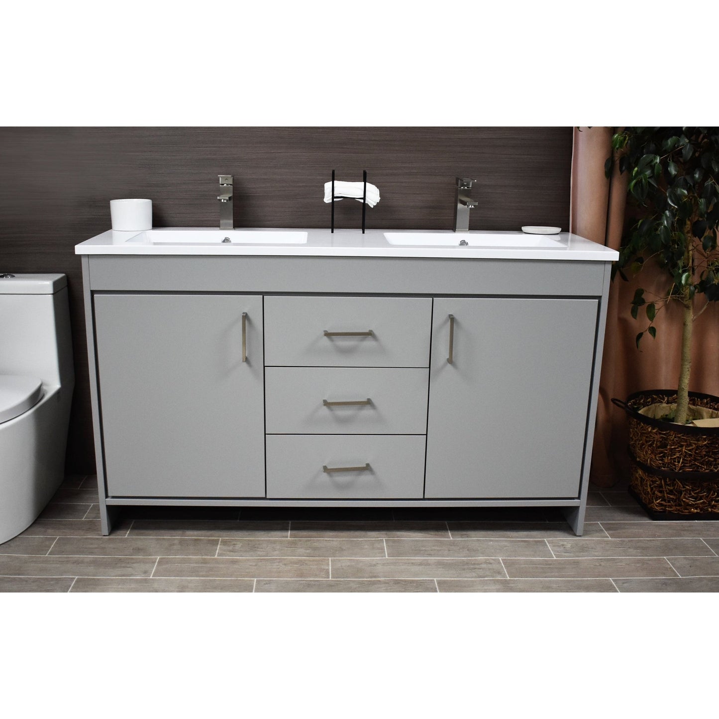 Volpa USA Rio 60" Gray Freestanding Modern Bathroom Vanity With Integrated Acrylic Double Sink Top and Brushed Nickel Handles