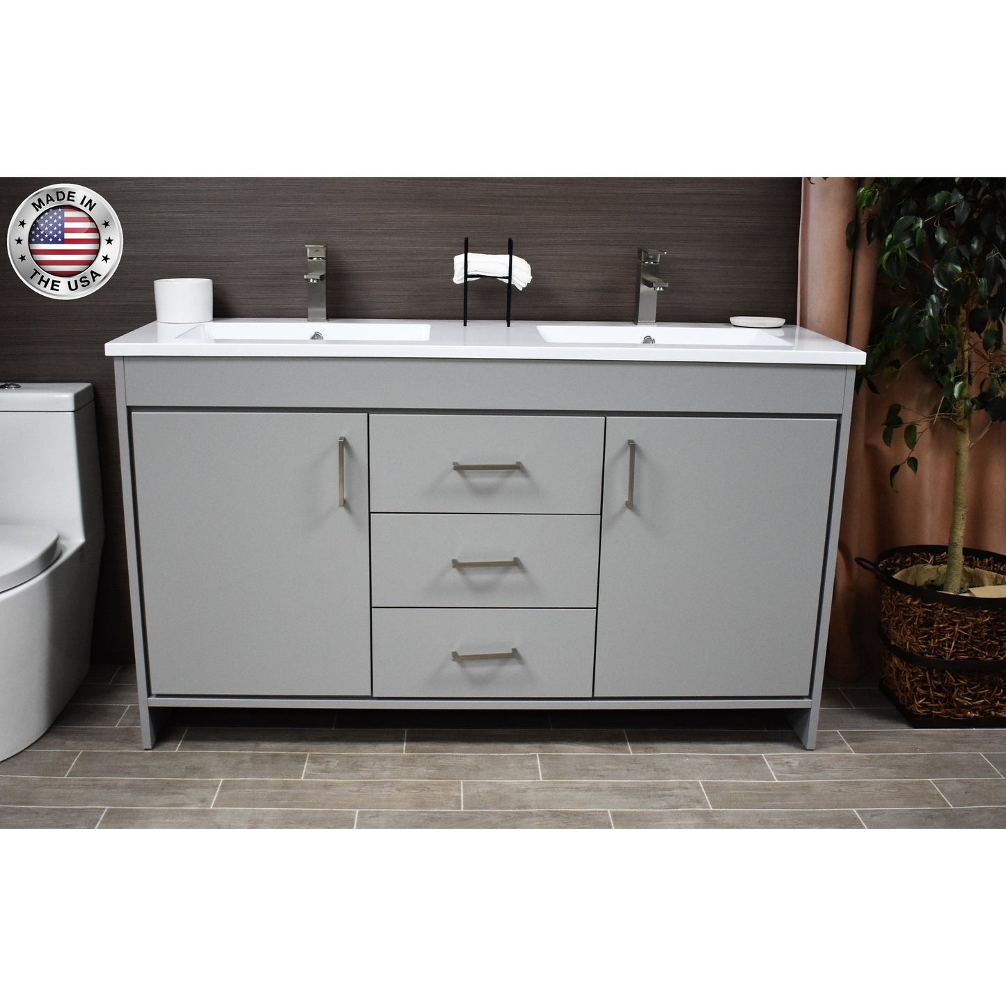 Volpa USA Rio 60" Gray Freestanding Modern Bathroom Vanity With Integrated Acrylic Double Sink Top and Brushed Nickel Handles