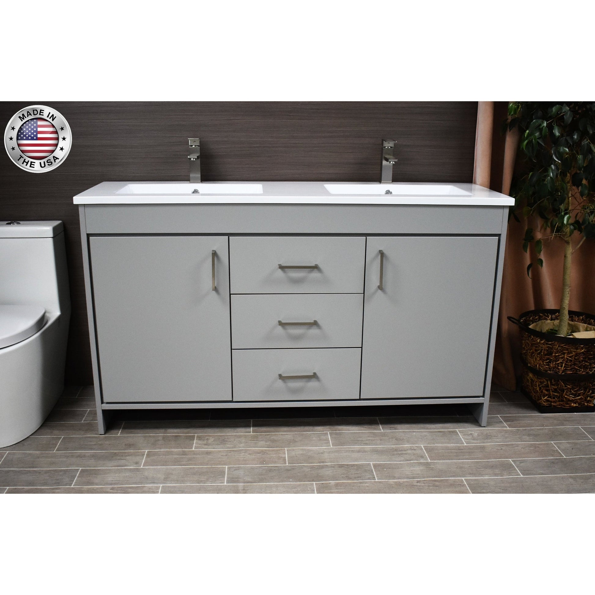 Volpa USA Rio 60" Gray Freestanding Modern Bathroom Vanity With Integrated Acrylic Double Sink Top and Brushed Nickel Handles