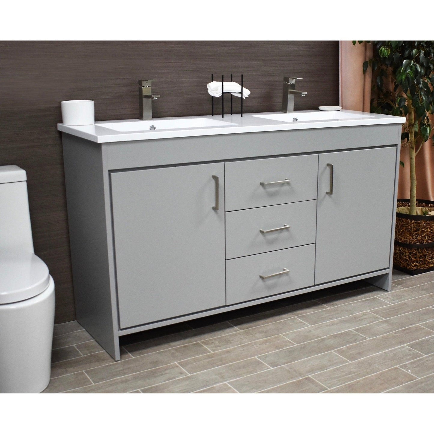 Volpa USA Rio 60" Gray Freestanding Modern Bathroom Vanity With Integrated Acrylic Double Sink Top and Brushed Nickel Handles