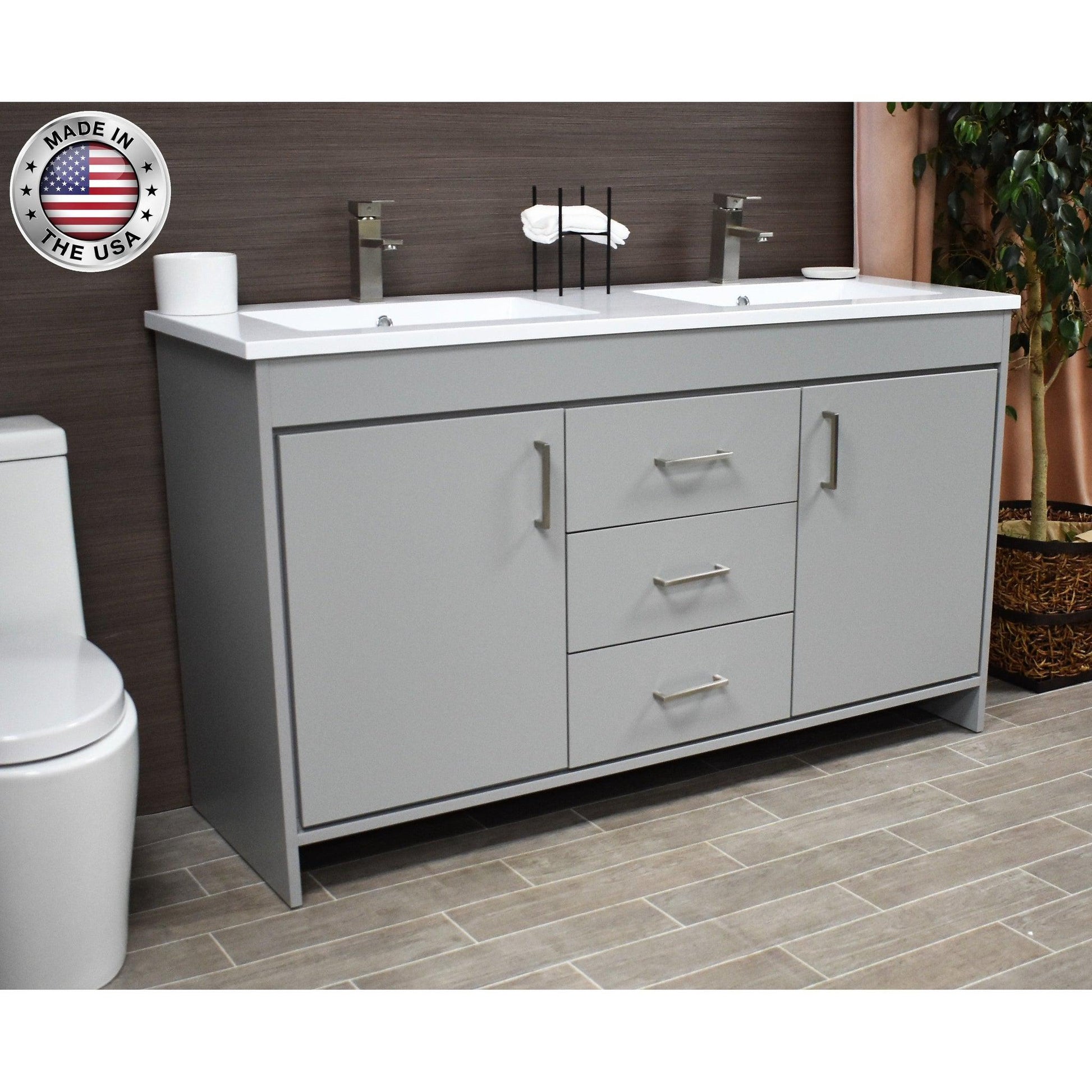 Volpa USA Rio 60" Gray Freestanding Modern Bathroom Vanity With Integrated Acrylic Double Sink Top and Brushed Nickel Handles