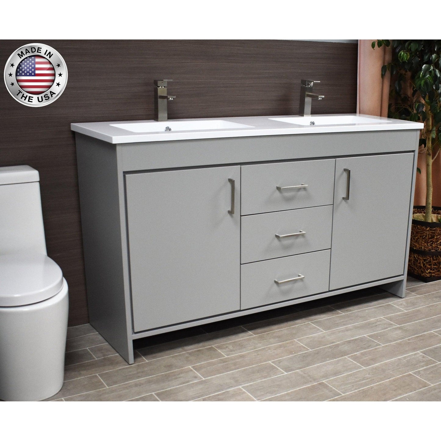 Volpa USA Rio 60" Gray Freestanding Modern Bathroom Vanity With Integrated Acrylic Double Sink Top and Brushed Nickel Handles