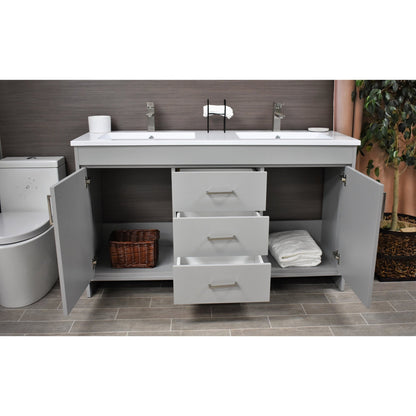 Volpa USA Rio 60" Gray Freestanding Modern Bathroom Vanity With Integrated Acrylic Double Sink Top and Brushed Nickel Handles