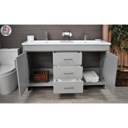 Volpa USA Rio 60" Gray Freestanding Modern Bathroom Vanity With Integrated Acrylic Double Sink Top and Brushed Nickel Handles