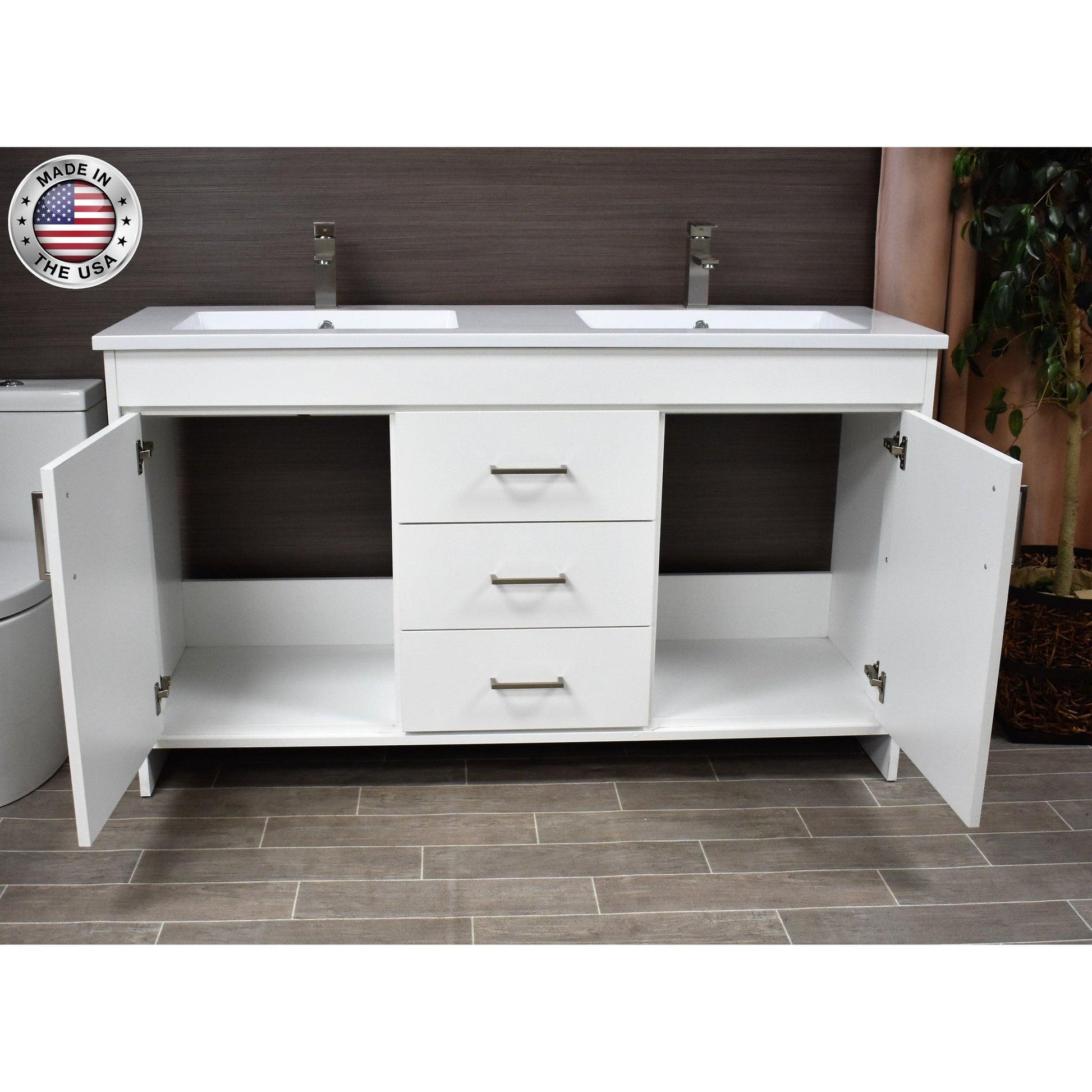 Volpa USA Rio 60" White Freestanding Modern Bathroom Vanity With Integrated Acrylic Double Sink Top and Brushed Nickel Handles