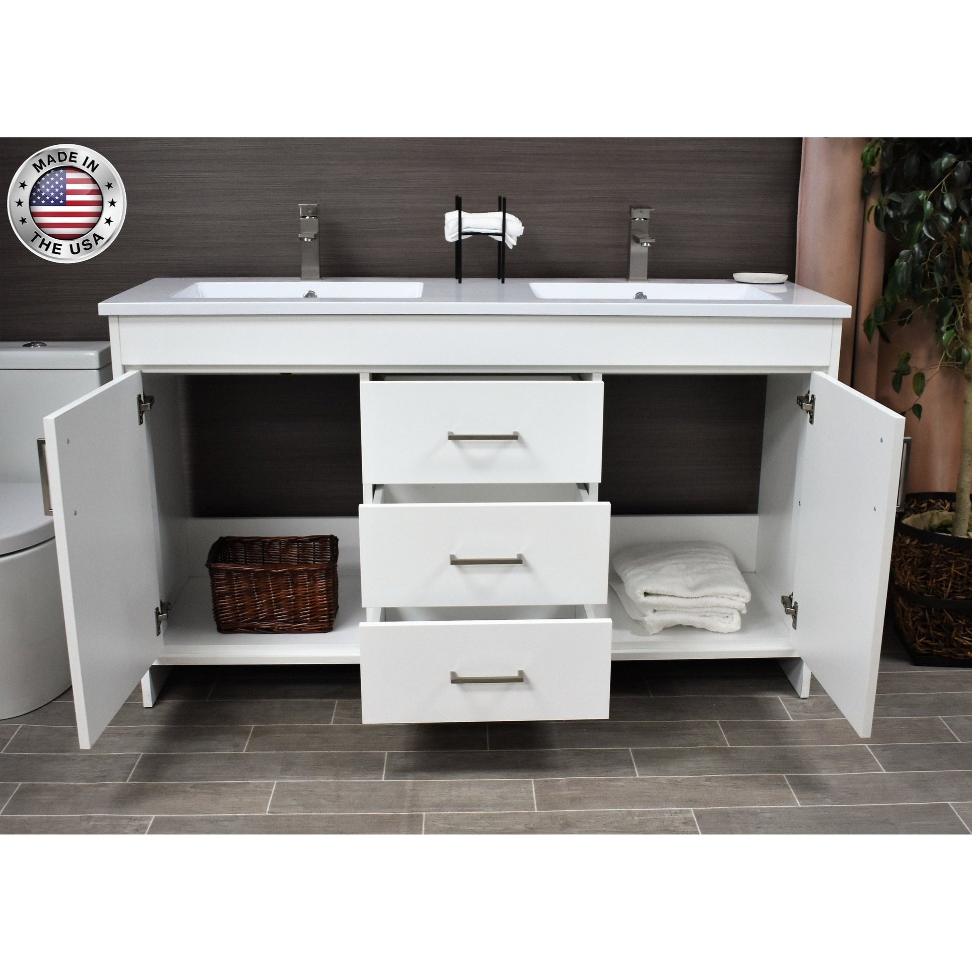 Volpa USA Rio 60" White Freestanding Modern Bathroom Vanity With Integrated Acrylic Double Sink Top and Brushed Nickel Handles