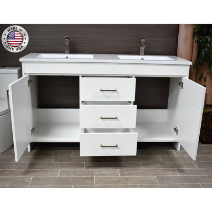 Volpa USA Rio 60" White Freestanding Modern Bathroom Vanity With Integrated Acrylic Double Sink Top and Brushed Nickel Handles