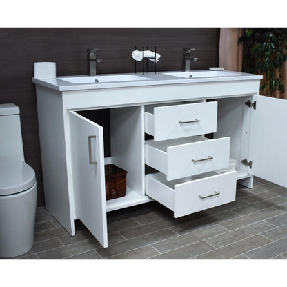 Volpa USA Rio 60" White Freestanding Modern Bathroom Vanity With Integrated Acrylic Double Sink Top and Brushed Nickel Handles