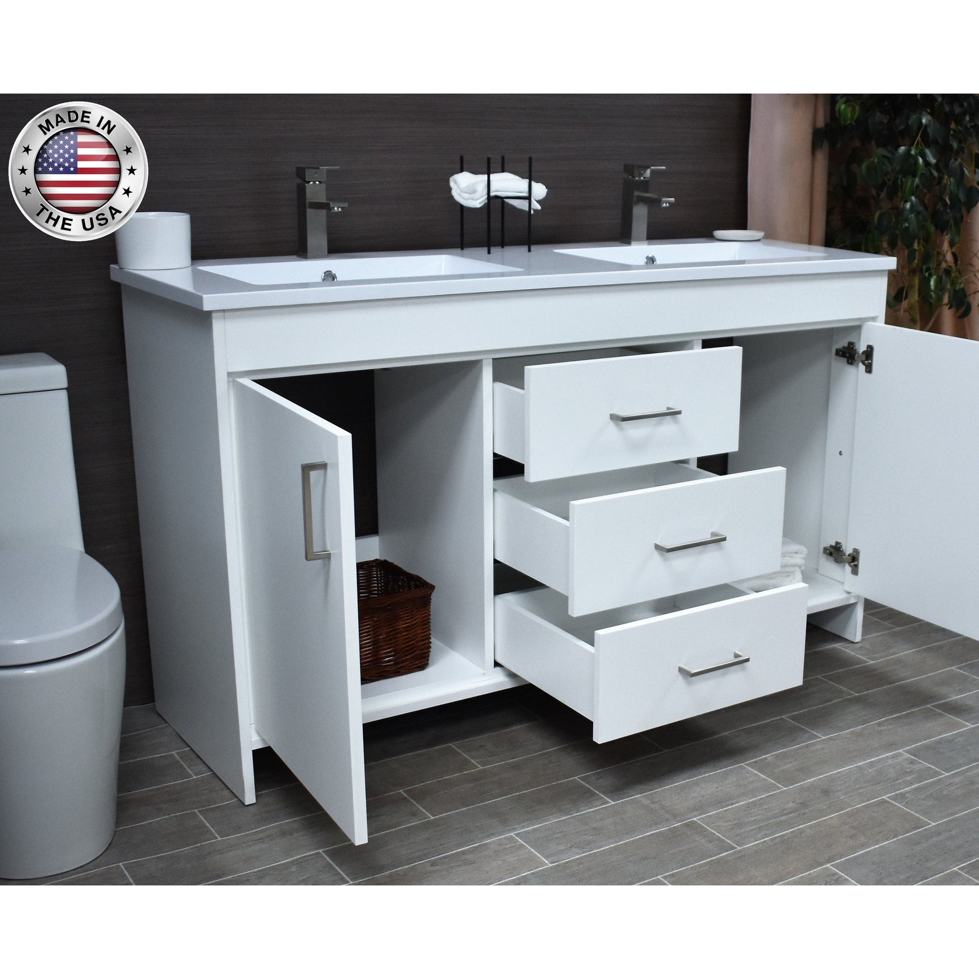 Volpa USA Rio 60" White Freestanding Modern Bathroom Vanity With Integrated Acrylic Double Sink Top and Brushed Nickel Handles