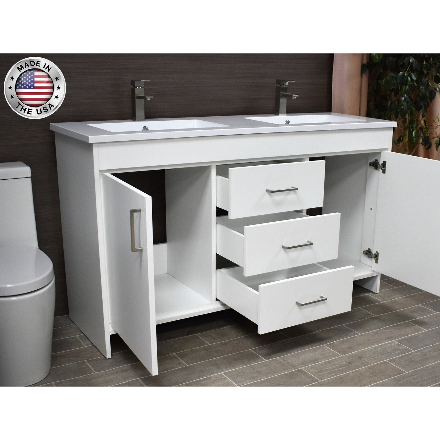 Volpa USA Rio 60" White Freestanding Modern Bathroom Vanity With Integrated Acrylic Double Sink Top and Brushed Nickel Handles