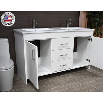 Volpa USA Rio 60" White Freestanding Modern Bathroom Vanity With Integrated Acrylic Double Sink Top and Brushed Nickel Handles