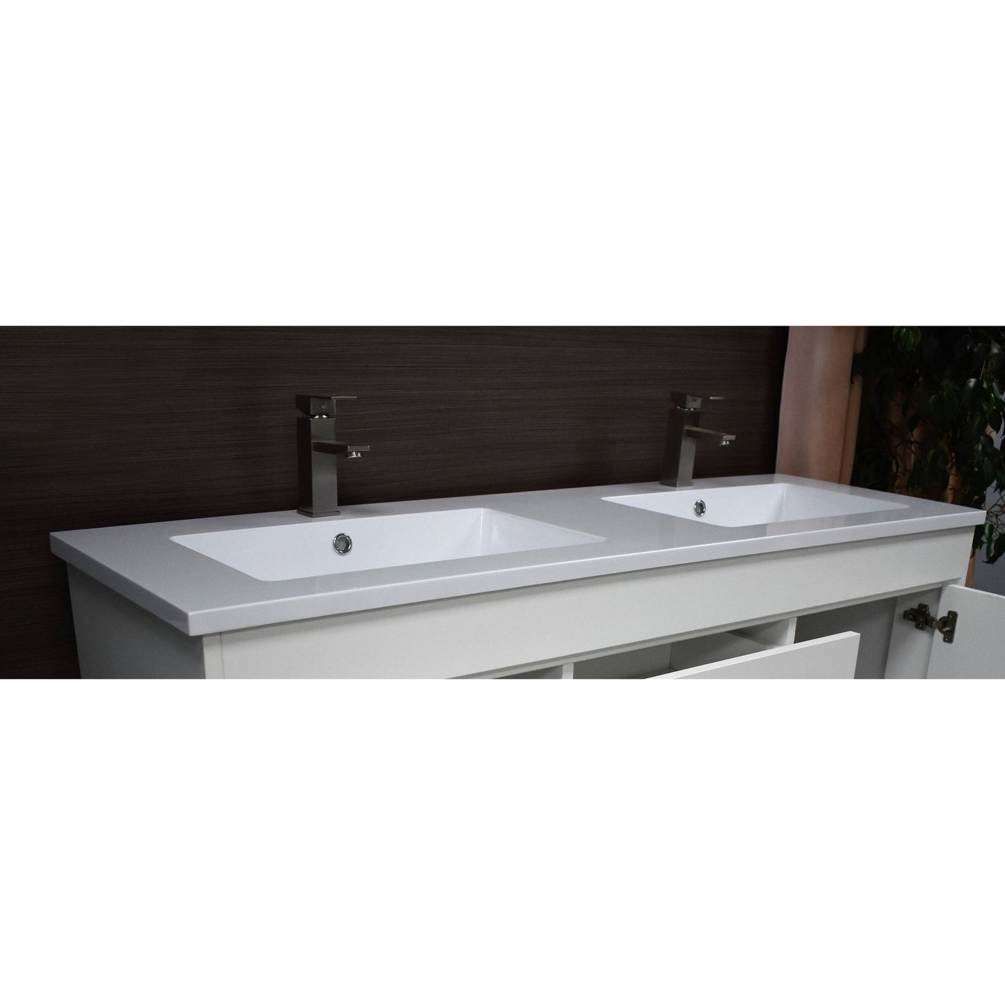 Volpa USA Rio 60" White Freestanding Modern Bathroom Vanity With Integrated Acrylic Double Sink Top and Brushed Nickel Handles