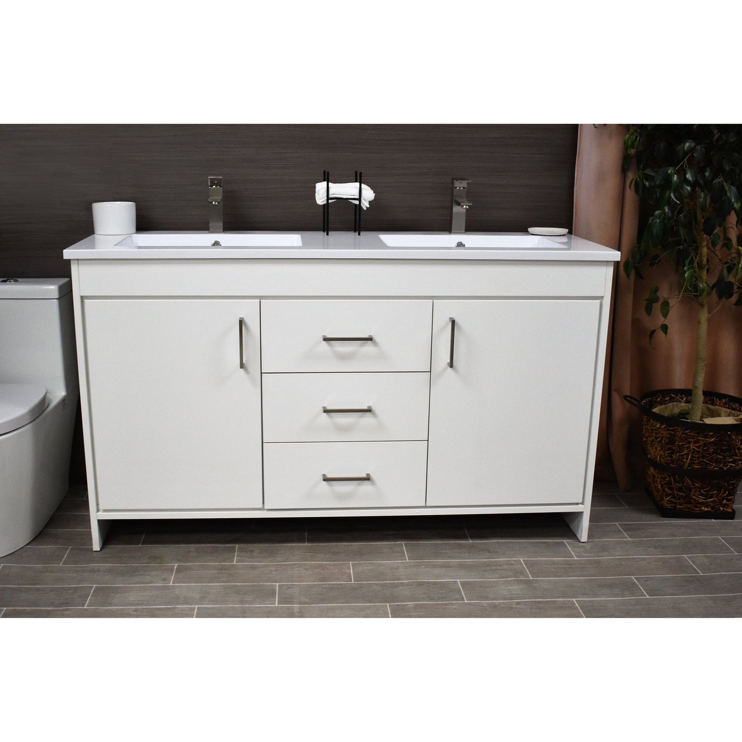 Volpa USA Rio 60" White Freestanding Modern Bathroom Vanity With Integrated Acrylic Double Sink Top and Brushed Nickel Handles