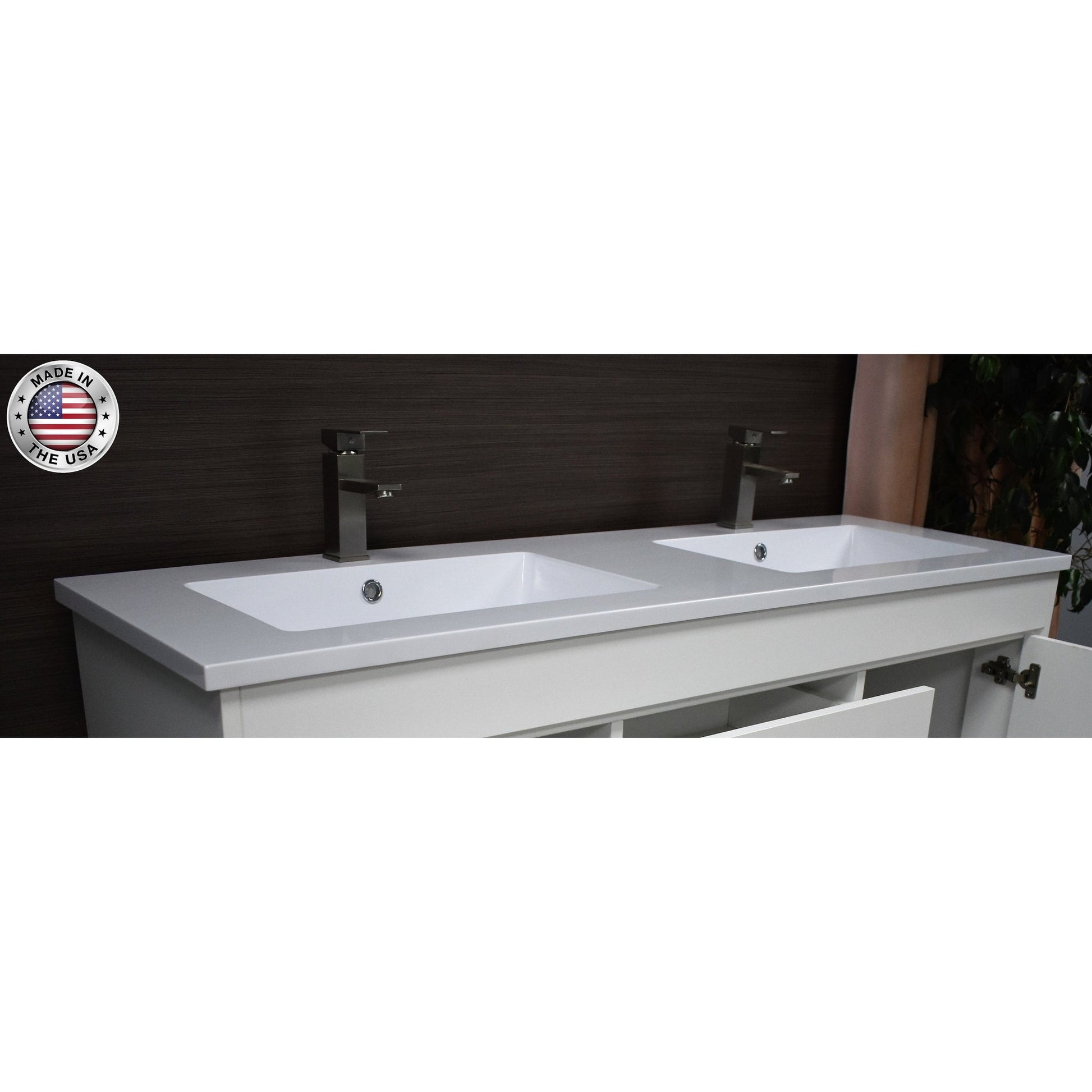 Volpa USA Rio 60" White Freestanding Modern Bathroom Vanity With Integrated Acrylic Double Sink Top and Brushed Nickel Handles