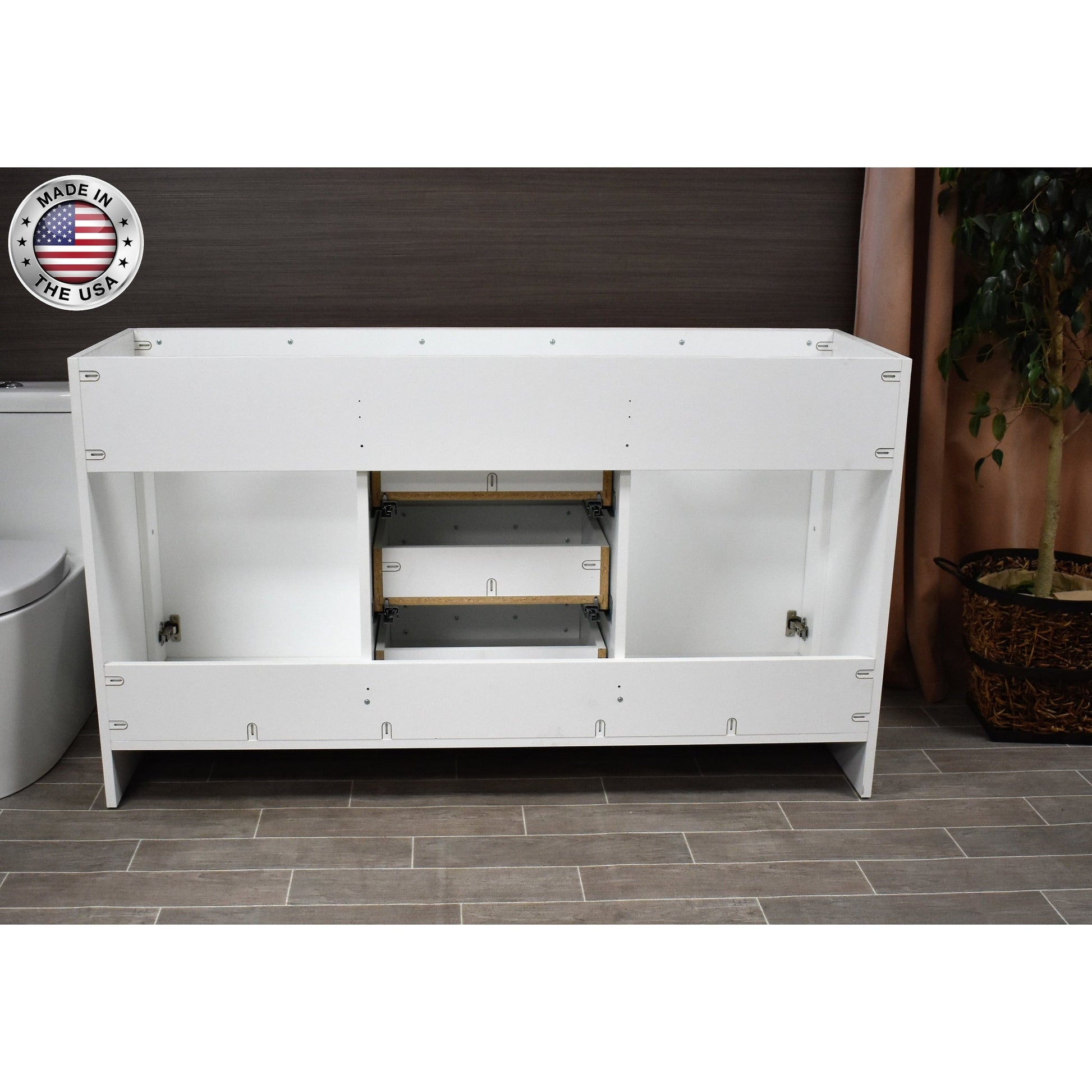 Volpa USA Rio 60" White Freestanding Modern Bathroom Vanity With Integrated Acrylic Double Sink Top and Brushed Nickel Handles