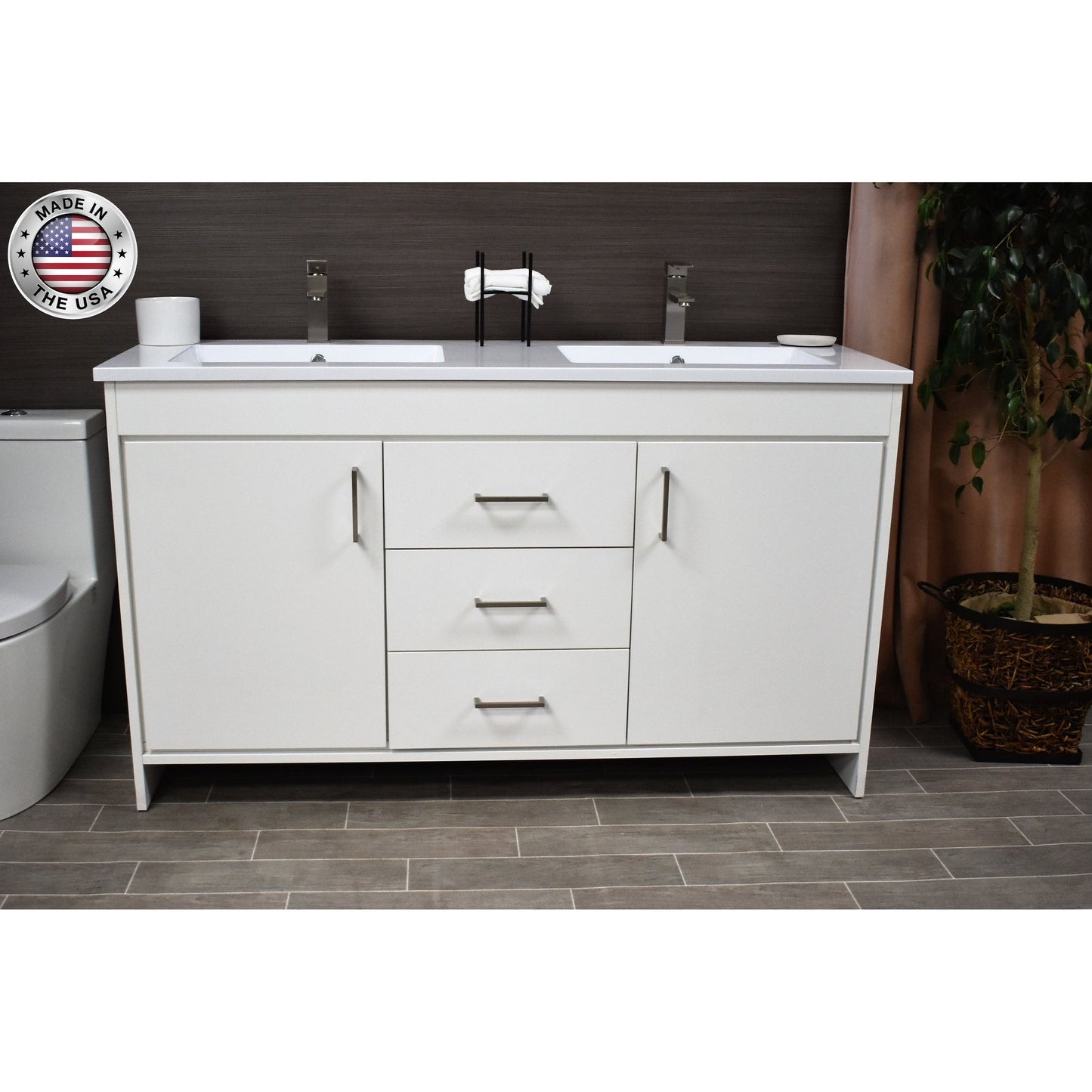 Volpa USA Rio 60" White Freestanding Modern Bathroom Vanity With Integrated Acrylic Double Sink Top and Brushed Nickel Handles