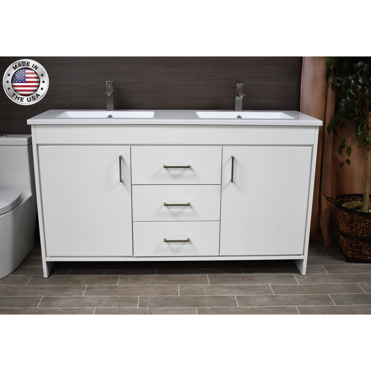 Volpa USA Rio 60" White Freestanding Modern Bathroom Vanity With Integrated Acrylic Double Sink Top and Brushed Nickel Handles