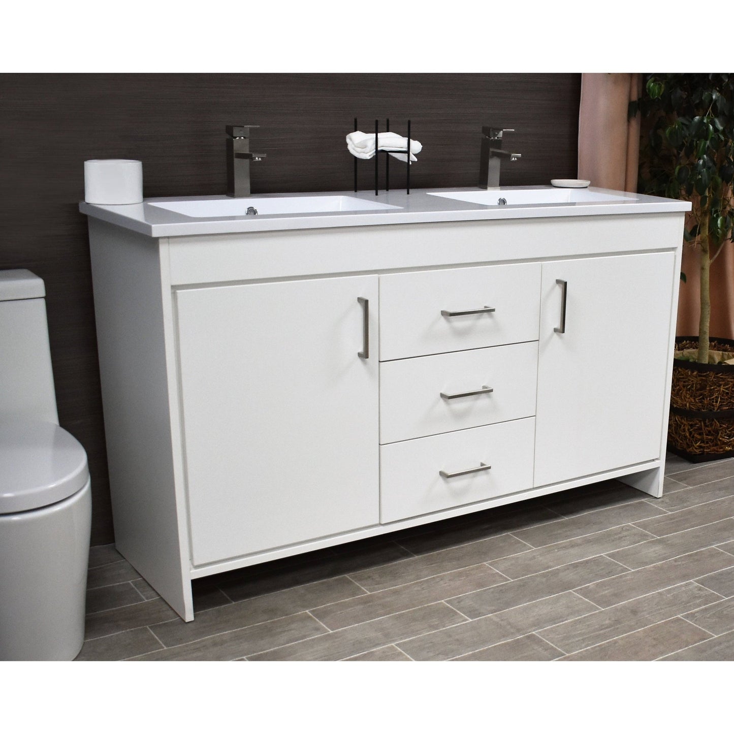 Volpa USA Rio 60" White Freestanding Modern Bathroom Vanity With Integrated Acrylic Double Sink Top and Brushed Nickel Handles