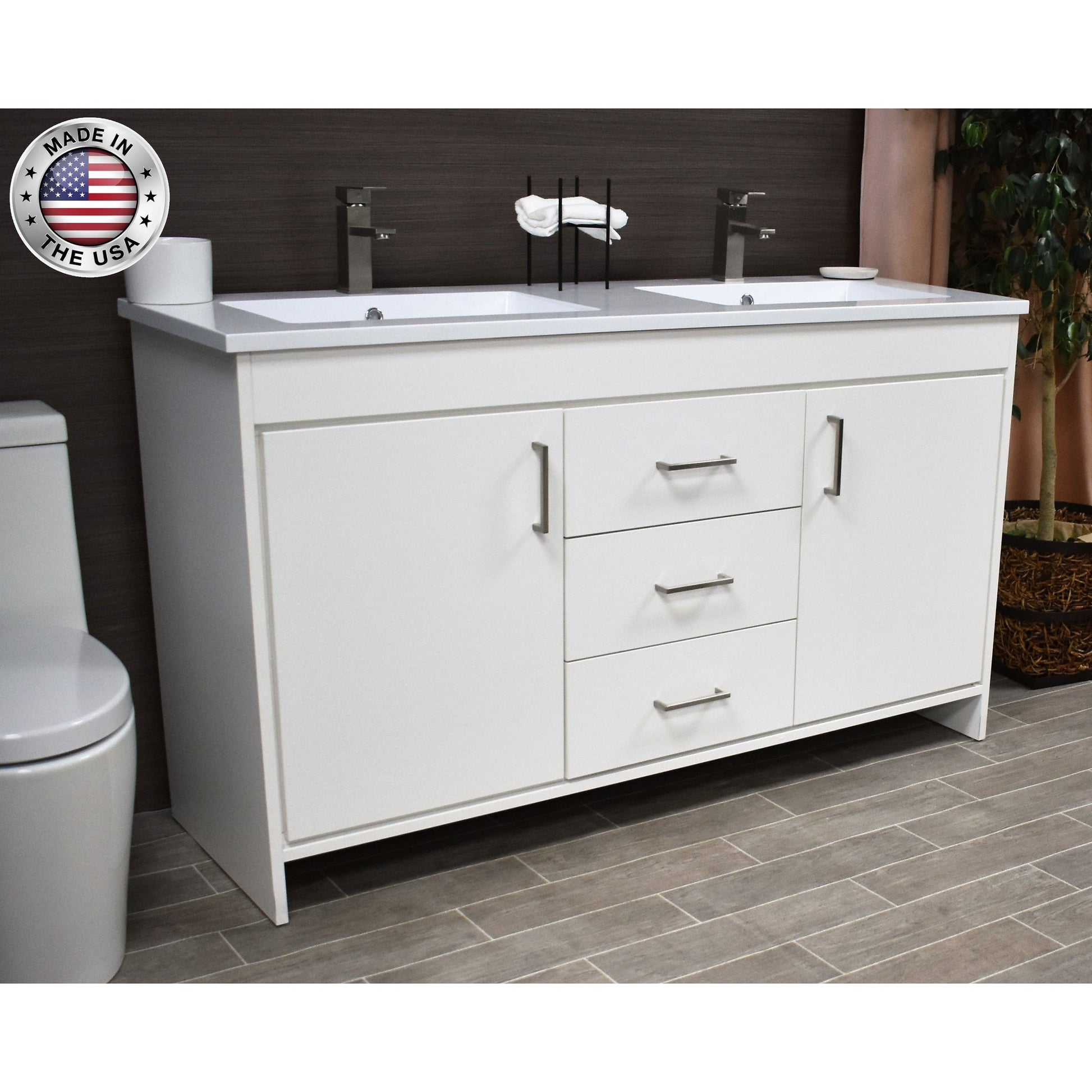 Volpa USA Rio 60" White Freestanding Modern Bathroom Vanity With Integrated Acrylic Double Sink Top and Brushed Nickel Handles