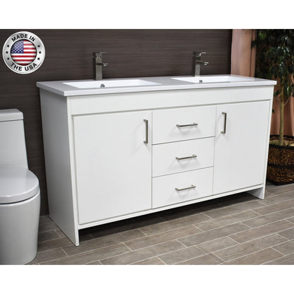 Volpa USA Rio 60" White Freestanding Modern Bathroom Vanity With Integrated Acrylic Double Sink Top and Brushed Nickel Handles