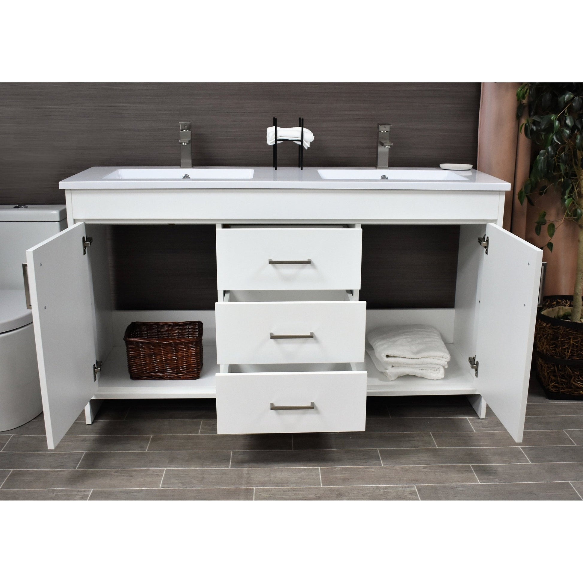 Volpa USA Rio 60" White Freestanding Modern Bathroom Vanity With Integrated Acrylic Double Sink Top and Brushed Nickel Handles