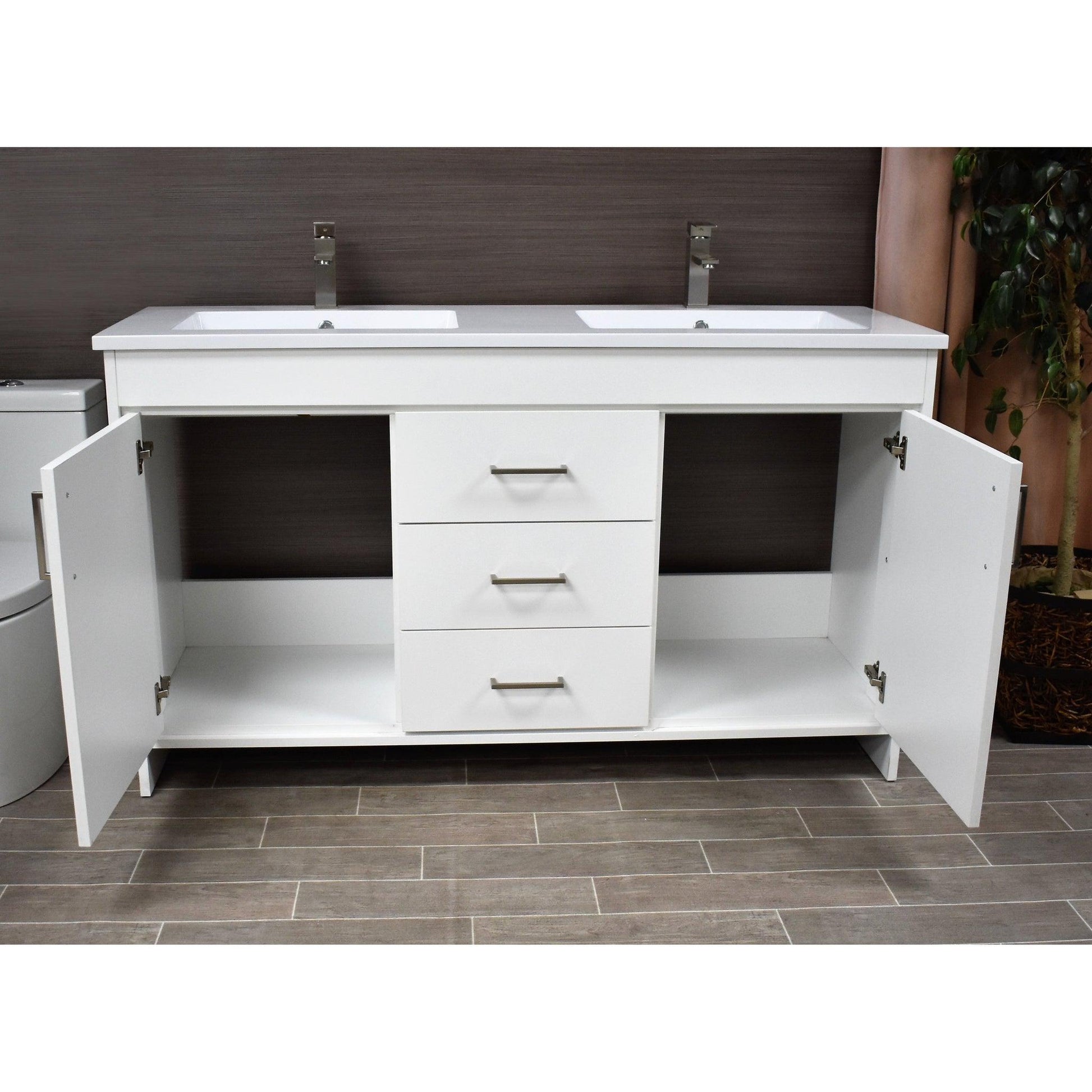 Volpa USA Rio 60" White Freestanding Modern Bathroom Vanity With Integrated Acrylic Double Sink Top and Brushed Nickel Handles