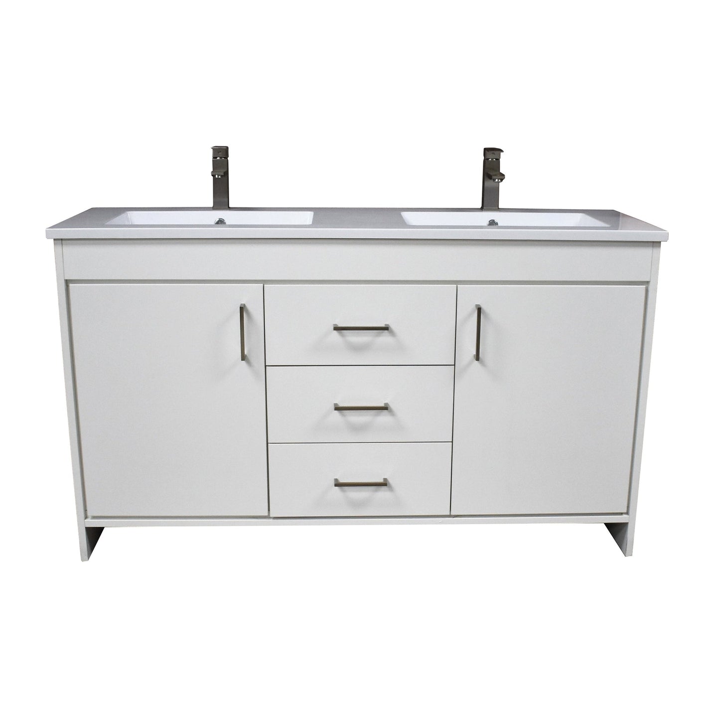 Volpa USA Rio 60" White Freestanding Modern Bathroom Vanity With Integrated Acrylic Double Sink Top and Brushed Nickel Handles