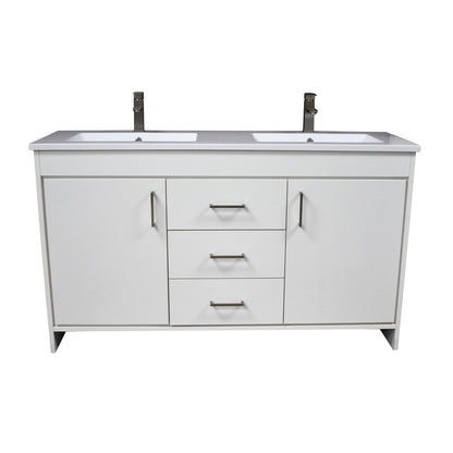 Volpa USA Rio 60" White Freestanding Modern Bathroom Vanity With Integrated Acrylic Double Sink Top and Brushed Nickel Handles