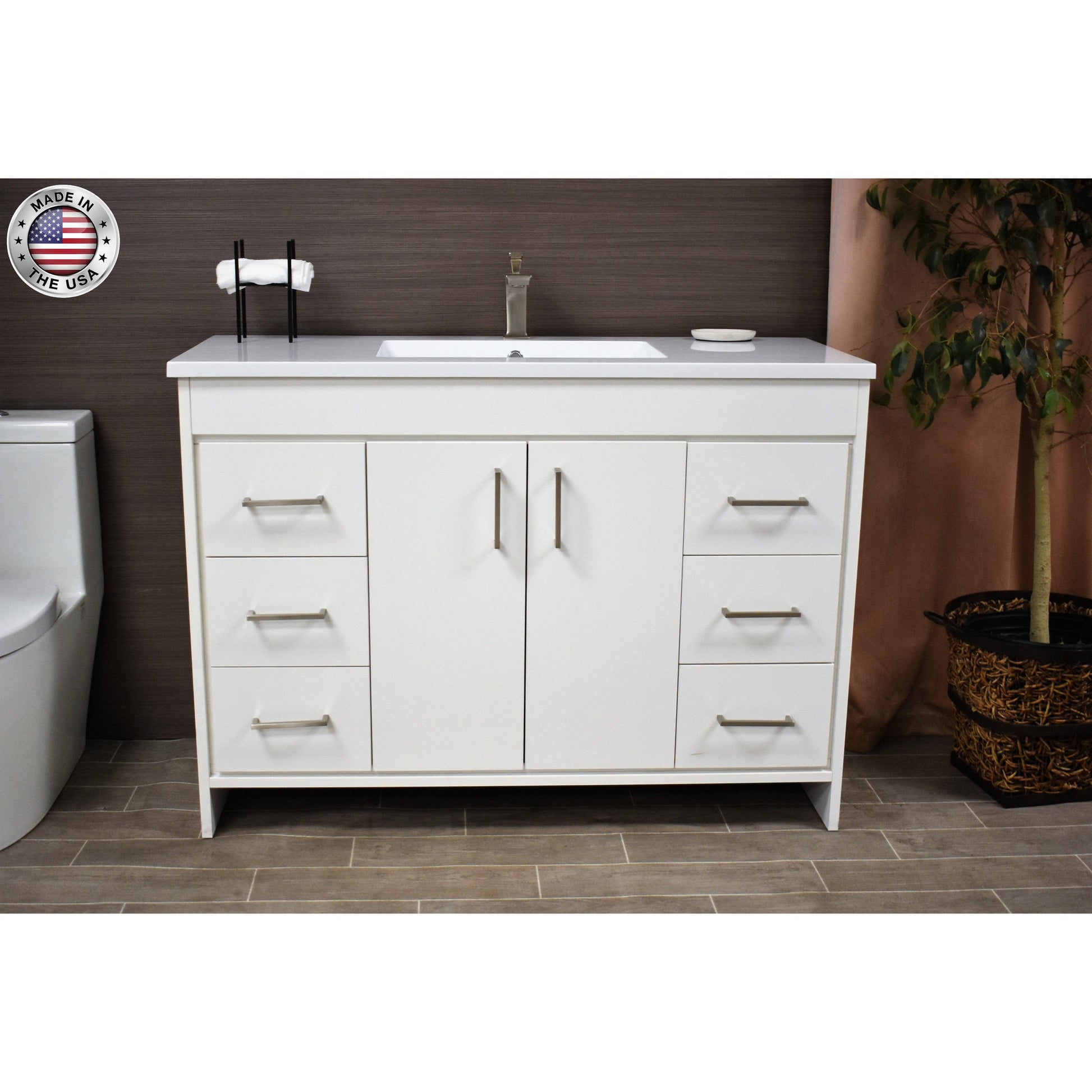 Volpa USA Rio 60" White Freestanding Modern Bathroom Vanity With Integrated Acrylic Single Sink Top and Brushed Nickel Handles