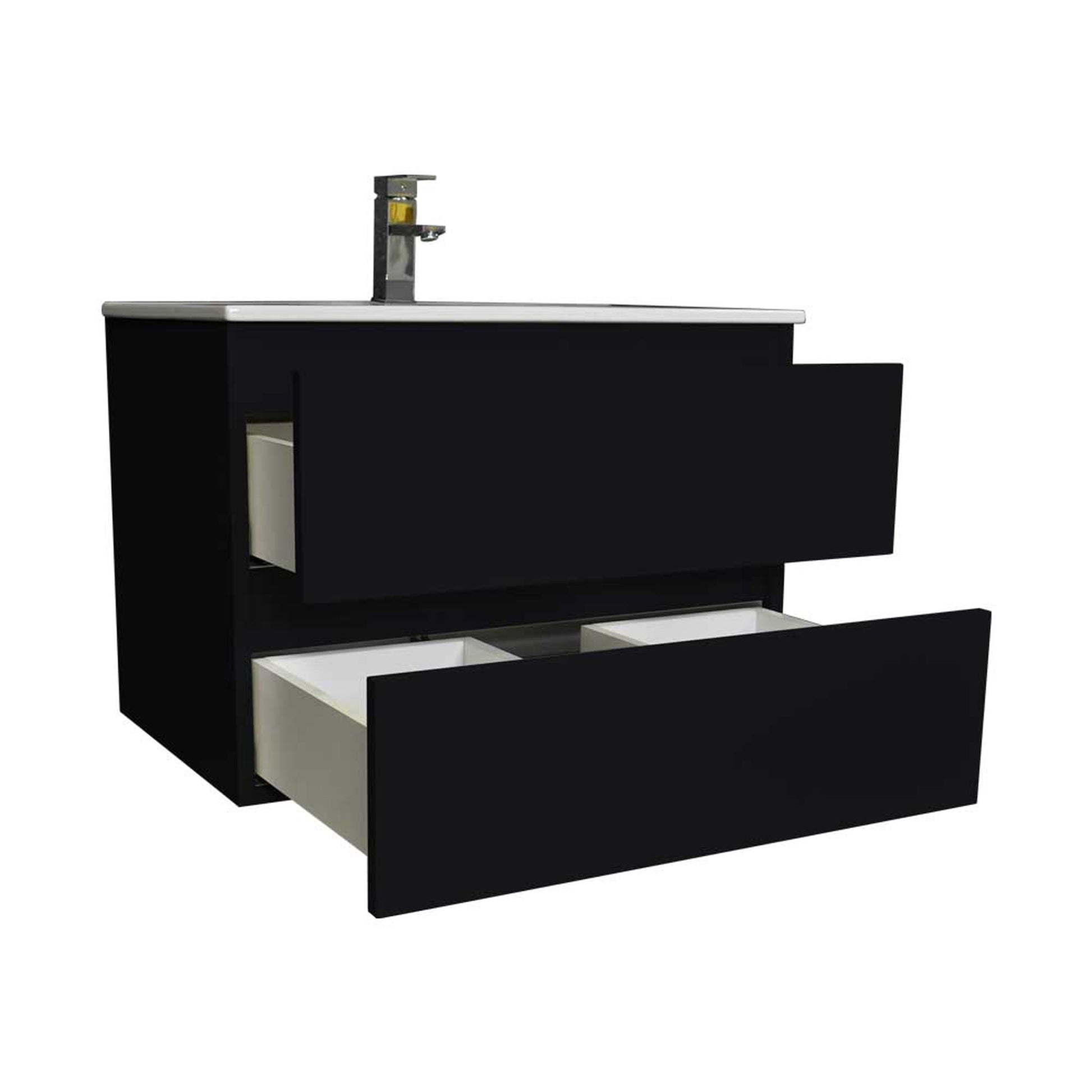 Volpa USA Salt 24" x 18" Black Wall-Mounted Floating Bathroom Vanity With Drawers, Integrated Porcelain Ceramic Top and Ceramic Sink