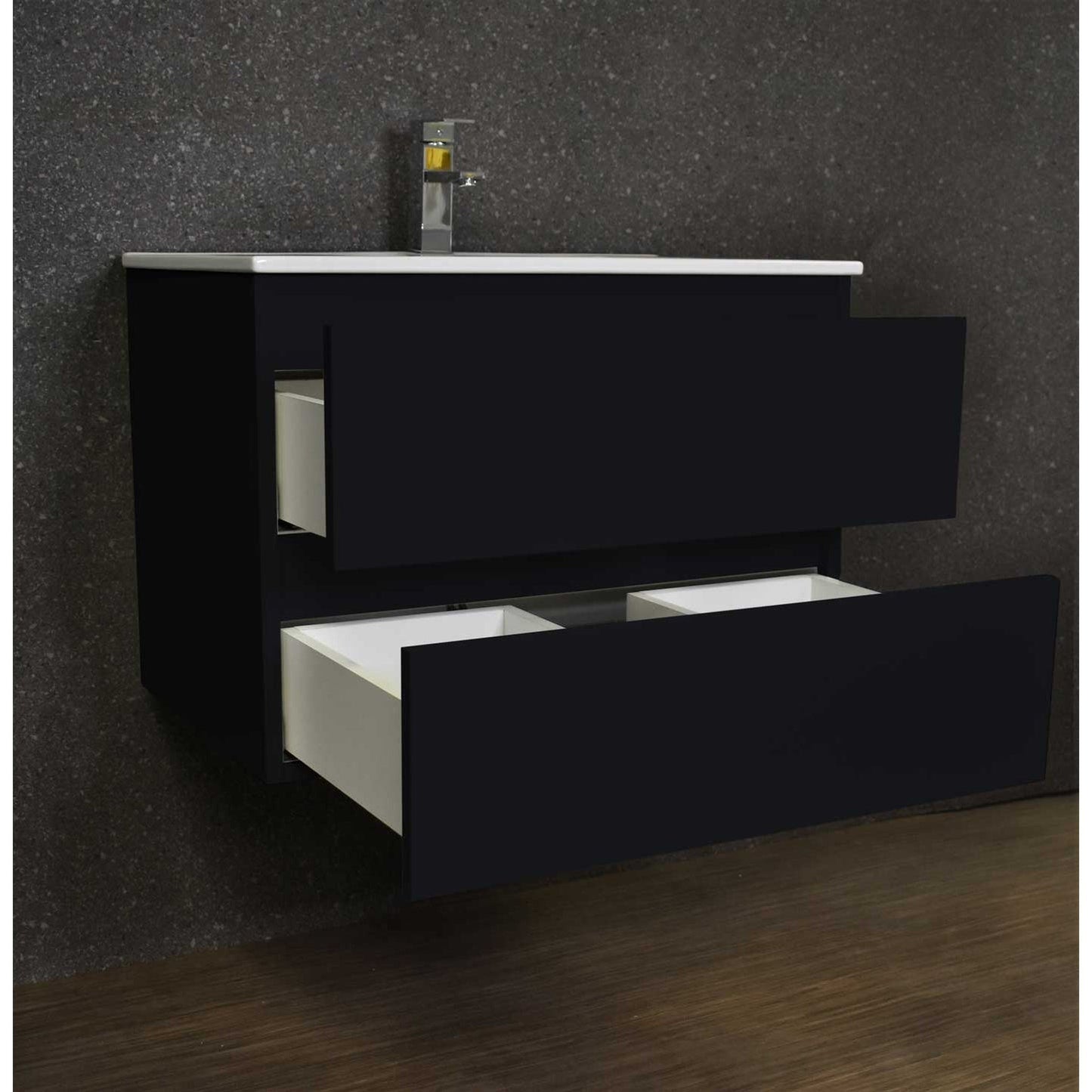 Volpa USA Salt 24" x 18" Black Wall-Mounted Floating Bathroom Vanity With Drawers, Integrated Porcelain Ceramic Top and Ceramic Sink