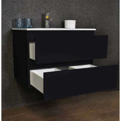 Volpa USA Salt 24" x 18" Black Wall-Mounted Floating Bathroom Vanity With Drawers, Integrated Porcelain Ceramic Top and Ceramic Sink