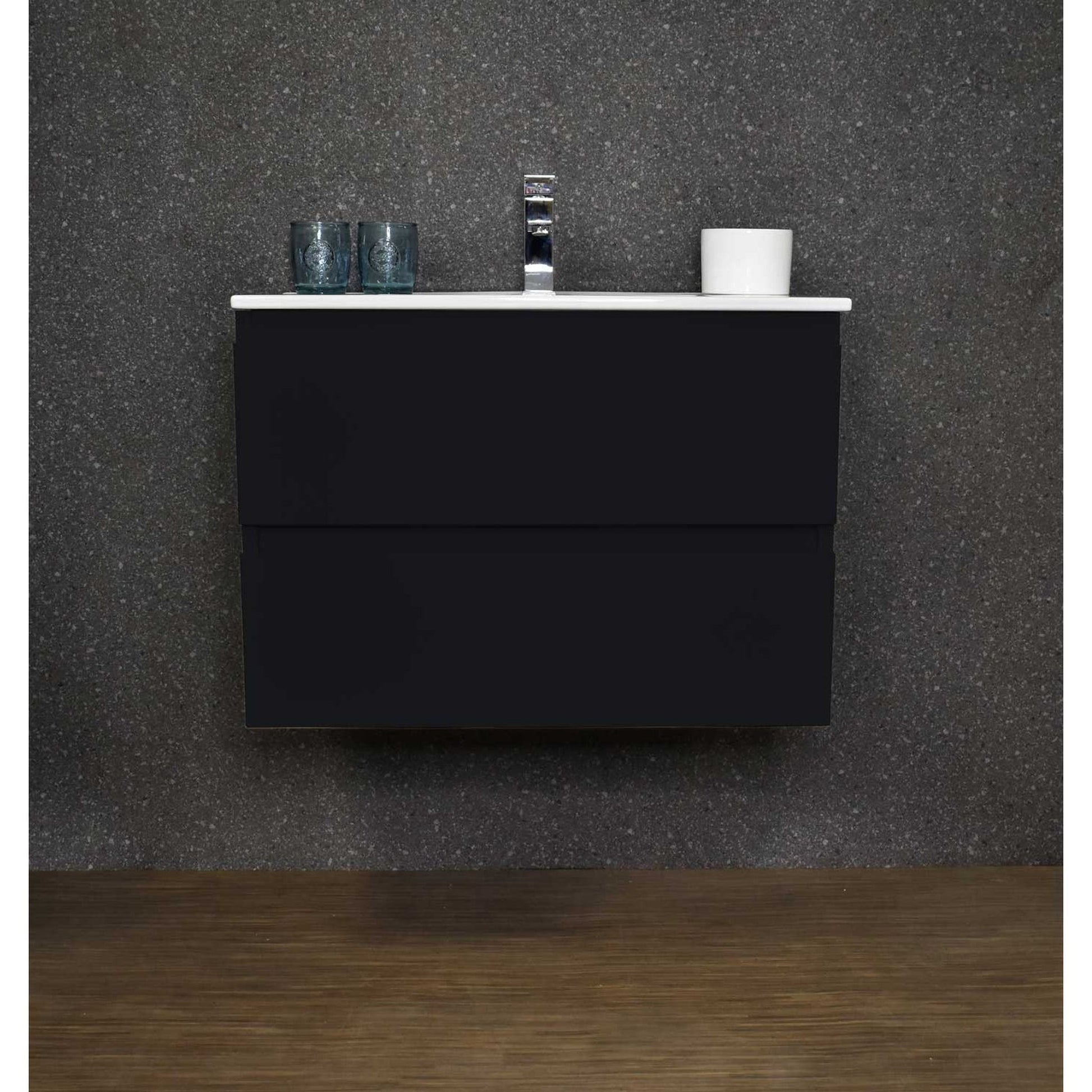 Volpa USA Salt 24" x 18" Black Wall-Mounted Floating Bathroom Vanity With Drawers, Integrated Porcelain Ceramic Top and Ceramic Sink