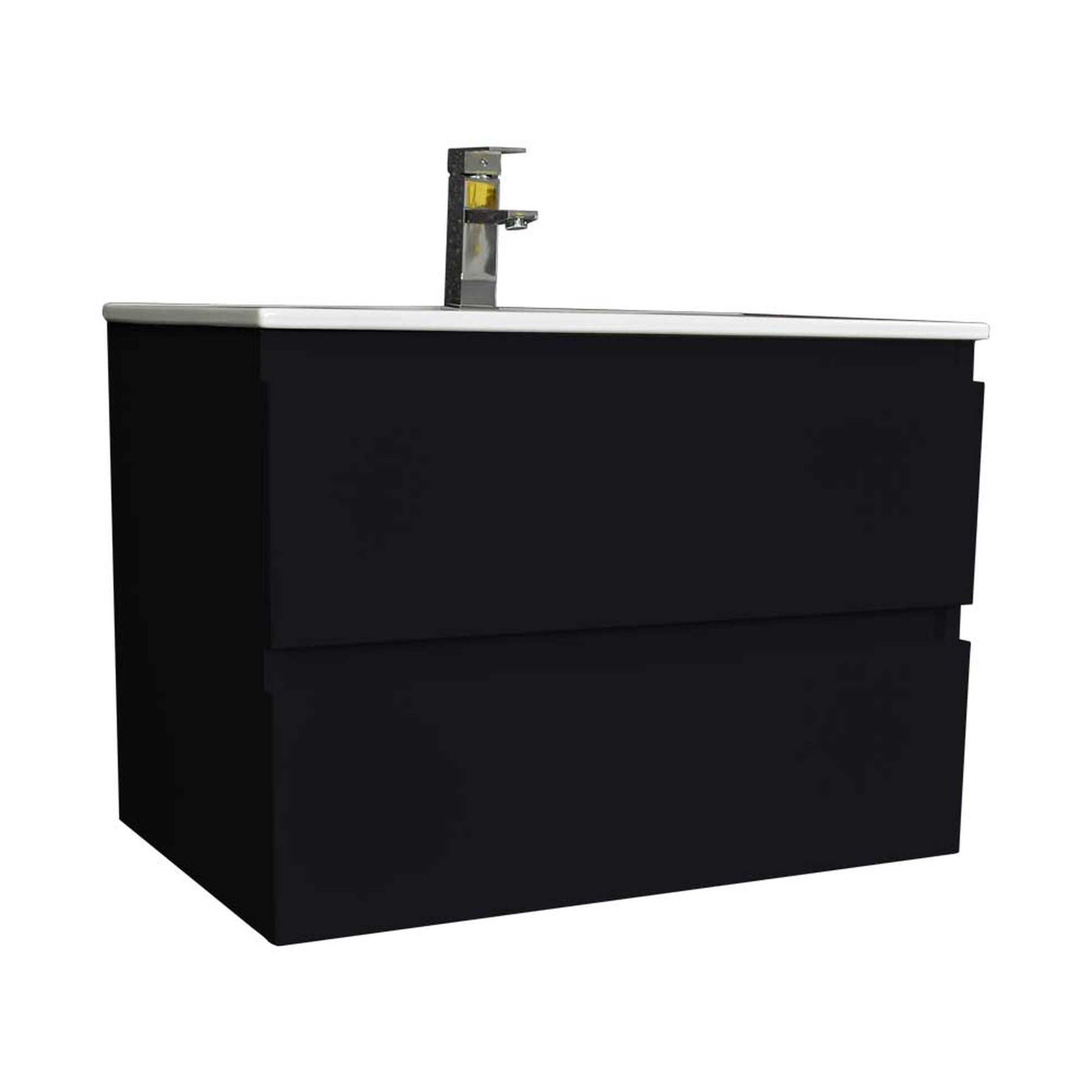 Volpa USA Salt 24" x 18" Black Wall-Mounted Floating Bathroom Vanity With Drawers, Integrated Porcelain Ceramic Top and Ceramic Sink