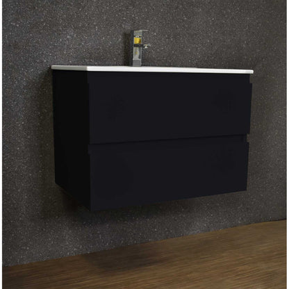 Volpa USA Salt 24" x 18" Black Wall-Mounted Floating Bathroom Vanity With Drawers, Integrated Porcelain Ceramic Top and Ceramic Sink