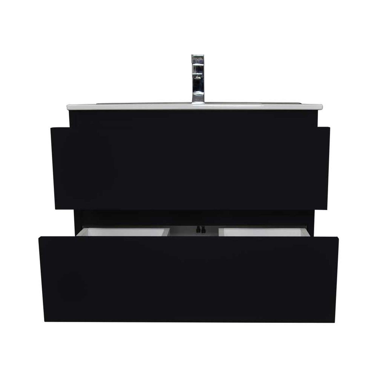 Volpa USA Salt 24" x 18" Black Wall-Mounted Floating Bathroom Vanity With Drawers, Integrated Porcelain Ceramic Top and Ceramic Sink