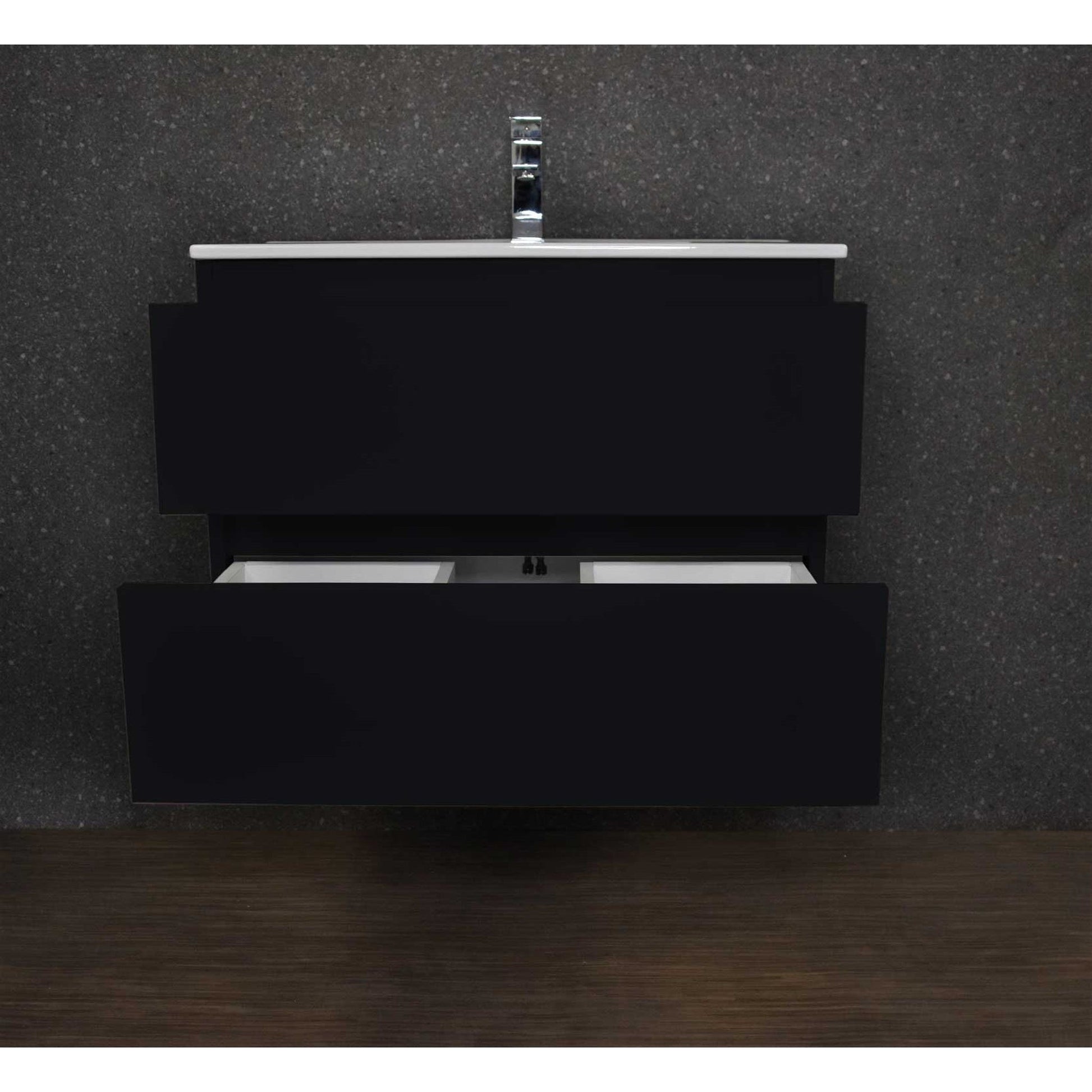 Volpa USA Salt 24" x 18" Black Wall-Mounted Floating Bathroom Vanity With Drawers, Integrated Porcelain Ceramic Top and Ceramic Sink