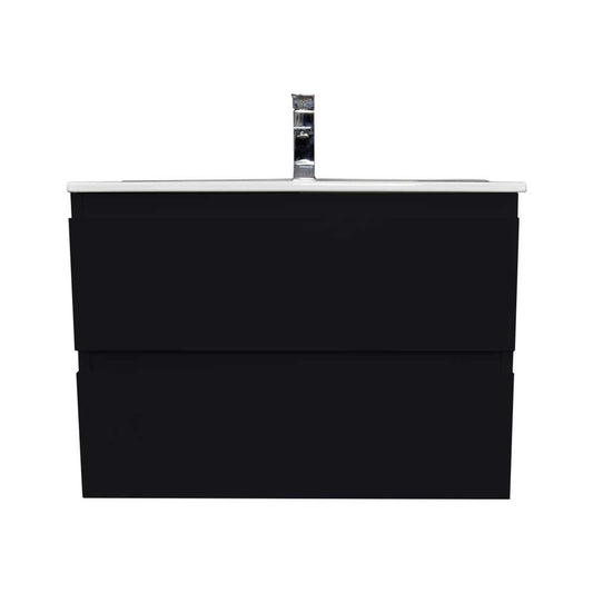 Volpa USA Salt 24" x 18" Black Wall-Mounted Floating Bathroom Vanity With Drawers, Integrated Porcelain Ceramic Top and Ceramic Sink