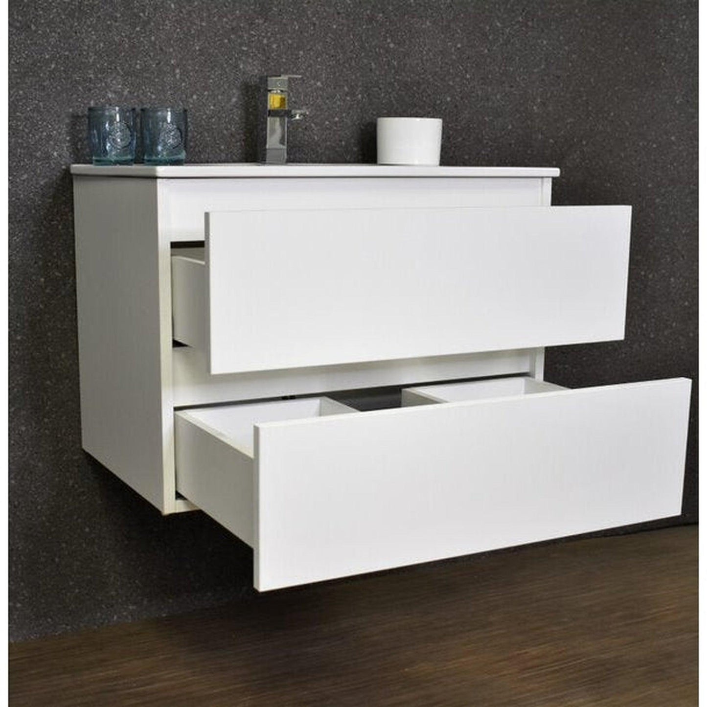 Volpa USA Salt 24" x 18" Gloss White Wall-Mounted Floating Bathroom Vanity With Drawers, Integrated Porcelain Ceramic Top and Ceramic Sink